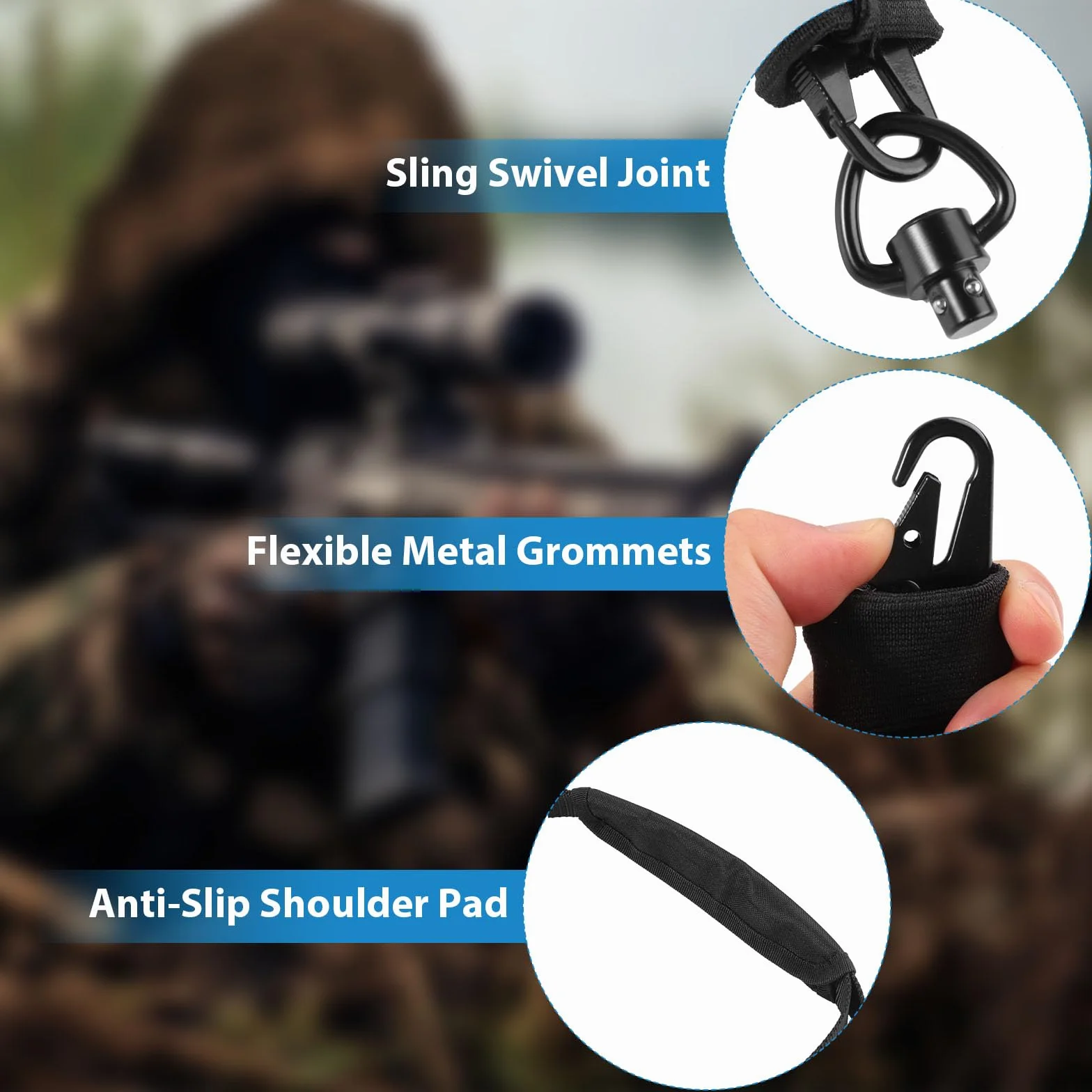 Correa Táctica 1 Punto Sling Ajustable Rifle Nylon con Gancho Metal y 2 QD Swivel para Airsoft Caza