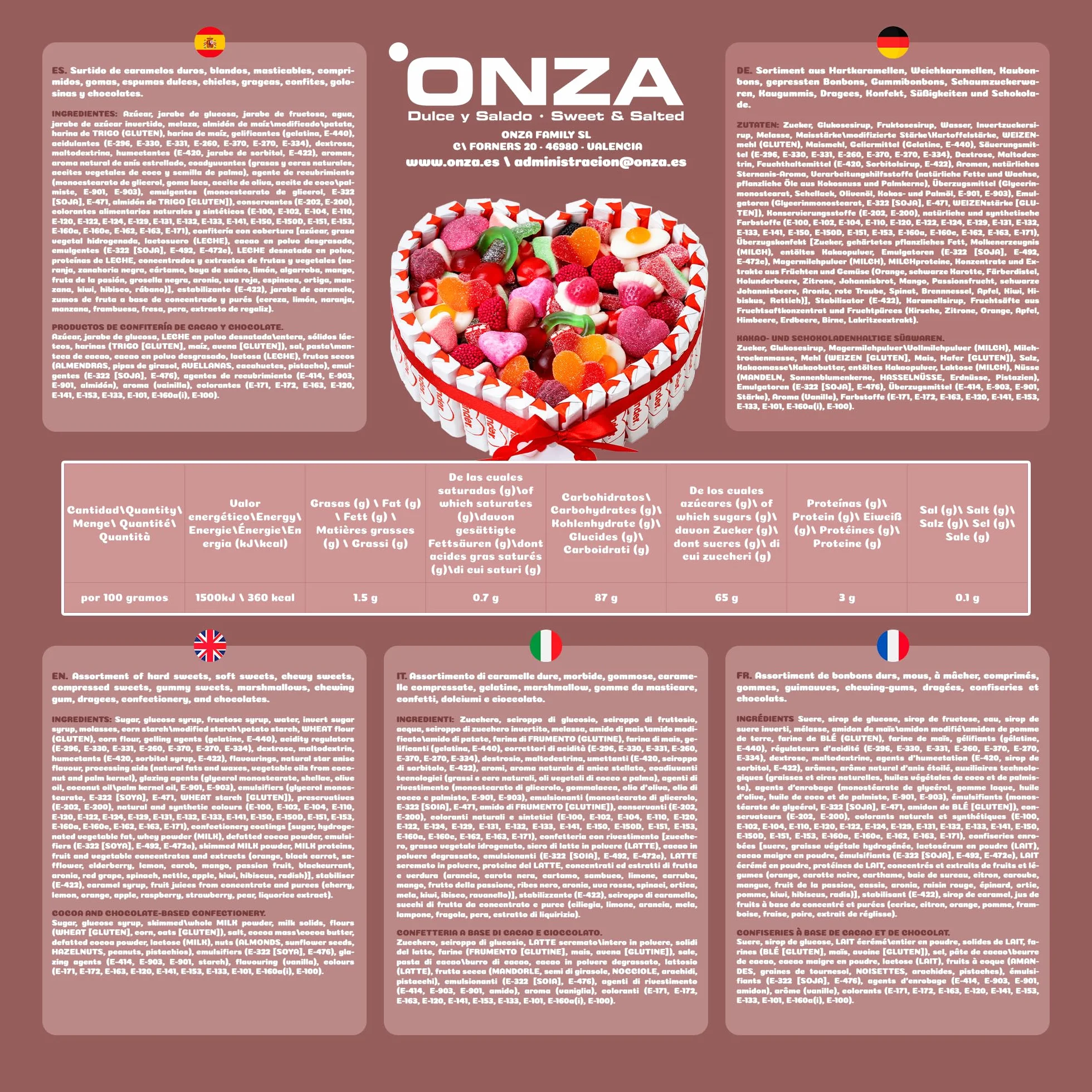 Onza Regalo dia de la madre original - Cesta de Chocolates Kinder y Chucherías para Regalar - Corazón Chocolatinas Kinder - Gran Surtido Chuches y Gominolas