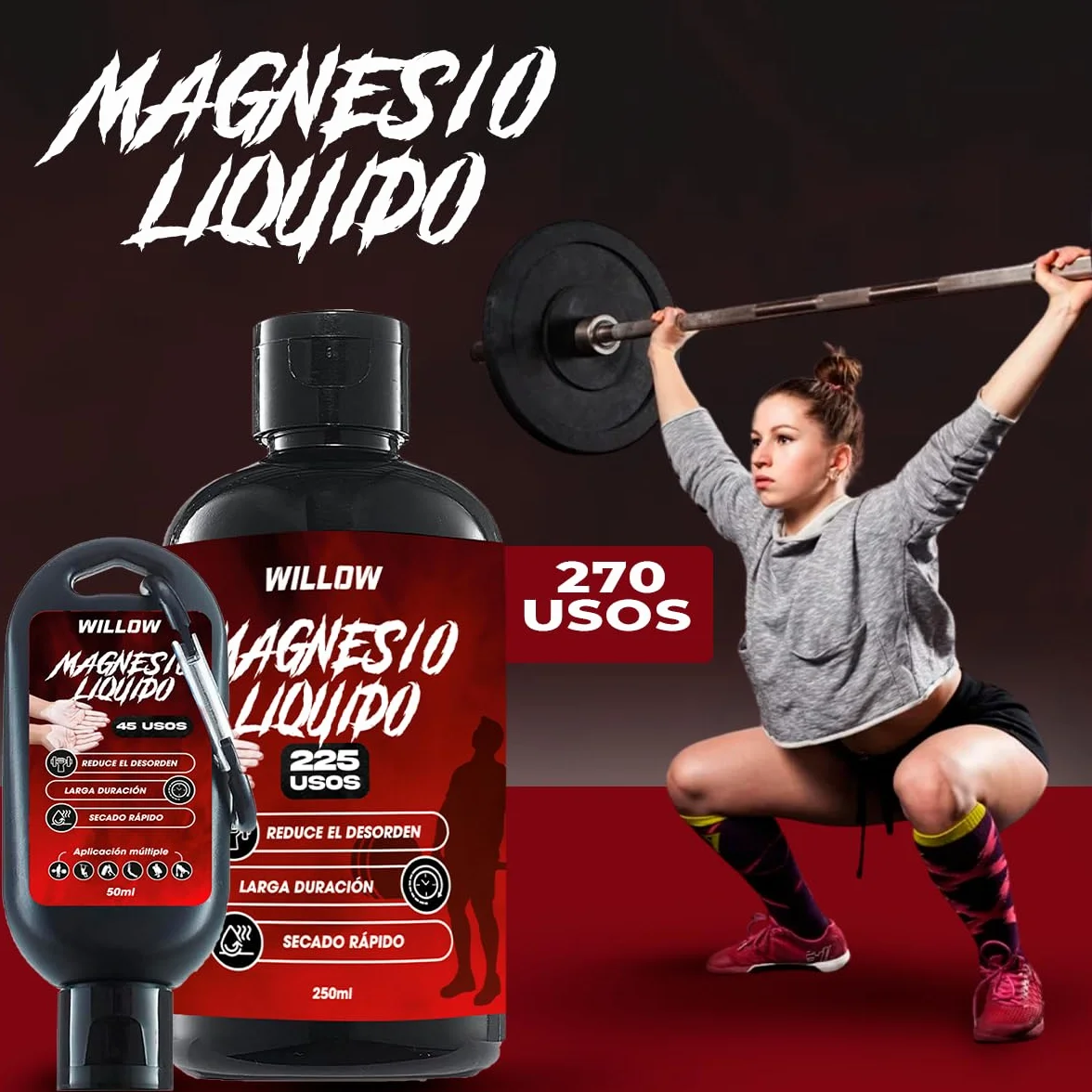 Willow Magnesio Líquido 250ML + 50ML Tiza Líquida Agarre Crossfit Calistenia
