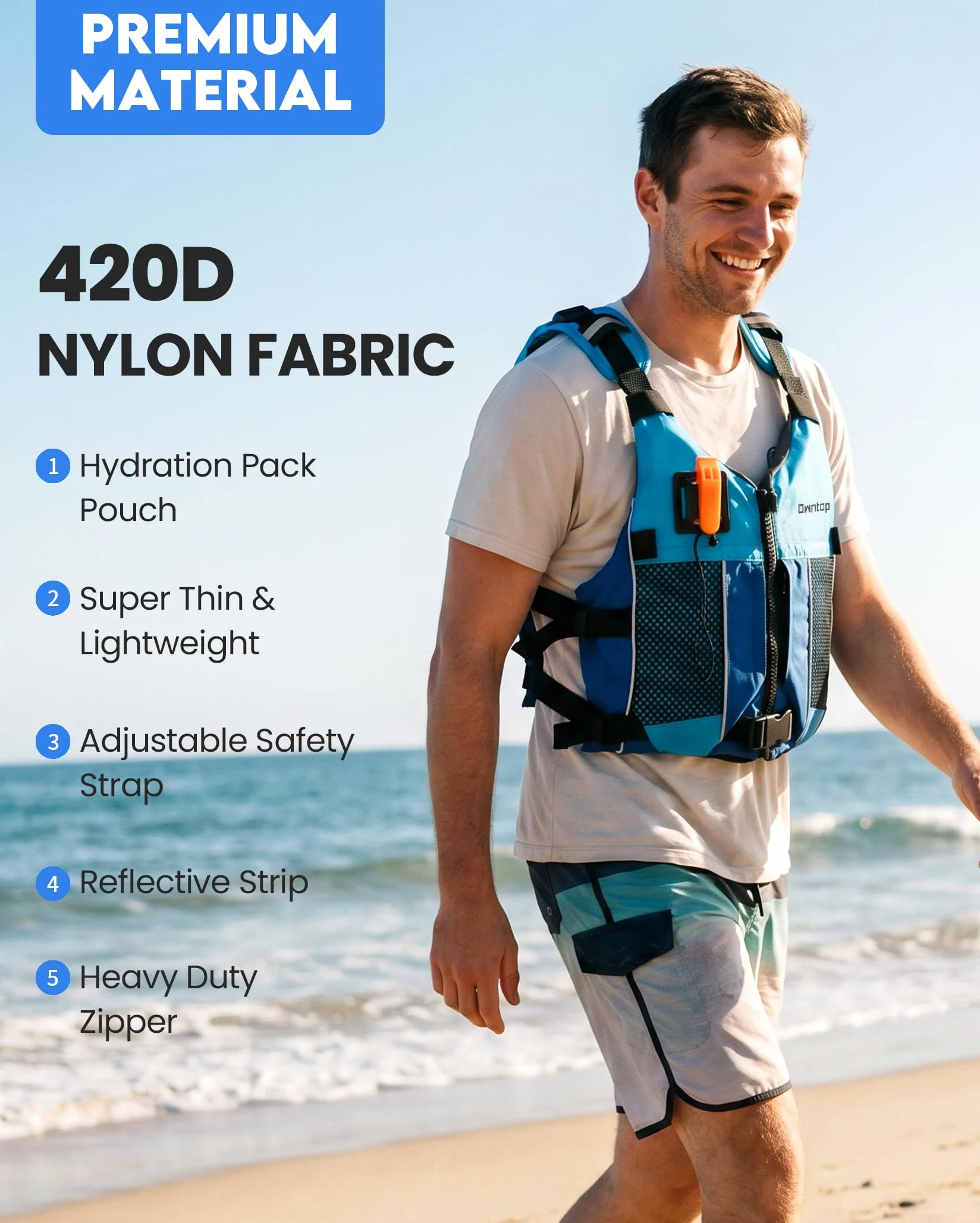Owntop Chaleco de Ayuda a la Flotabilidad para Adultos y Adolescentes con Mochila de Hidratación, Silbato y Bolsillos