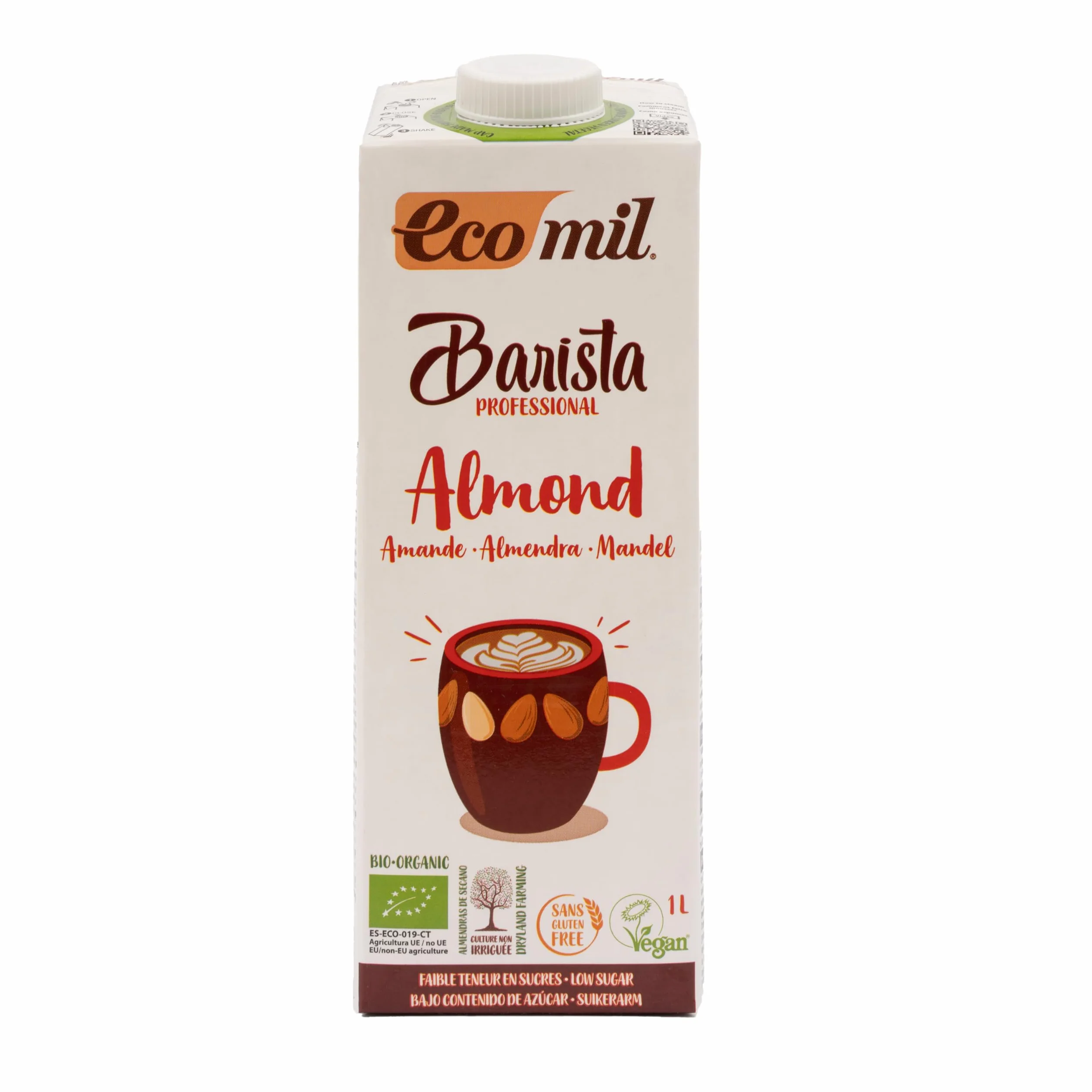 ECOMIL Barista Almond Bio, Bebida de Almendra Bio Especial para Barista, Sin Lactosa, Sin Gluten, Sin Soja, Sin Huevo, Sin Proteína Láctea, Bajo Contenido en Sal y Vegano, 1 L