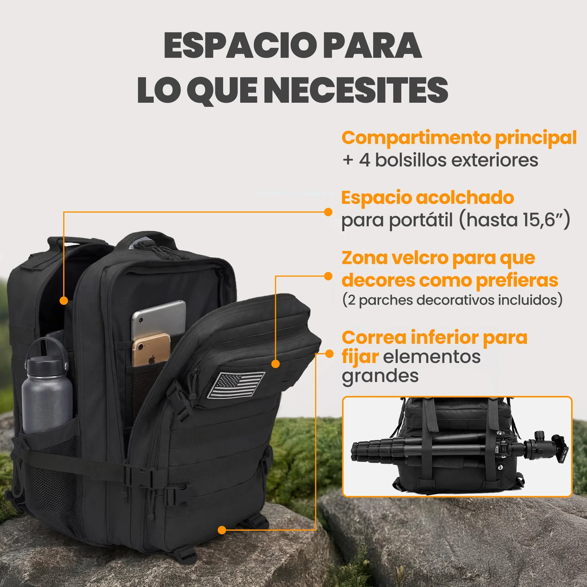 Mochila Táctica Militar 45L Sistema Molle Oxford 900D Negro para Caza Senderismo Viaje Crossfit