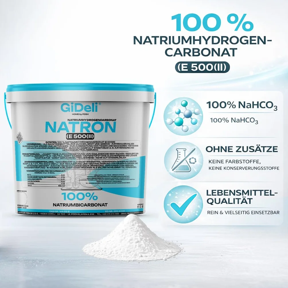 GiDeli Bicarbonato de Sodio 1kg - Perfecto Para Cocinar Pasta y Hornear - También se Utiliza Para Lavar y Limpiar - Uso Versátil en el Hogar - Regulador de la Química del Agua de la Piscina