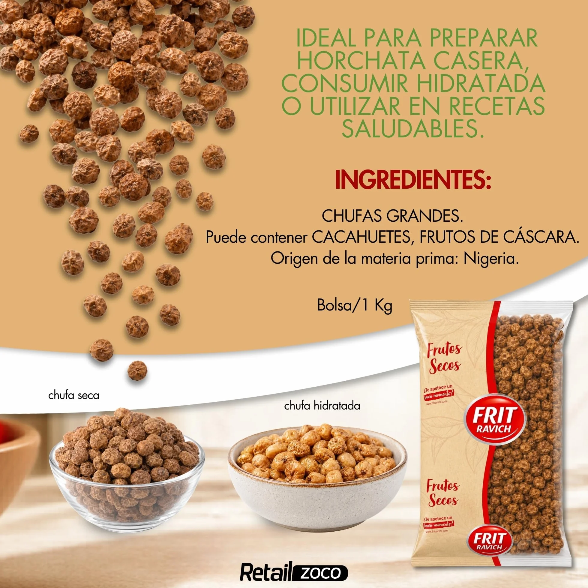 Chufas Grandes, Sin Gluten, Veganas, ricas en fibra, lo que contribuye a una buena digestión y ayuda a mantener un sistema digestivo saludable, Ideal Horchata Casera y Snacks, Contiene 1 bolsa de 1 Kg