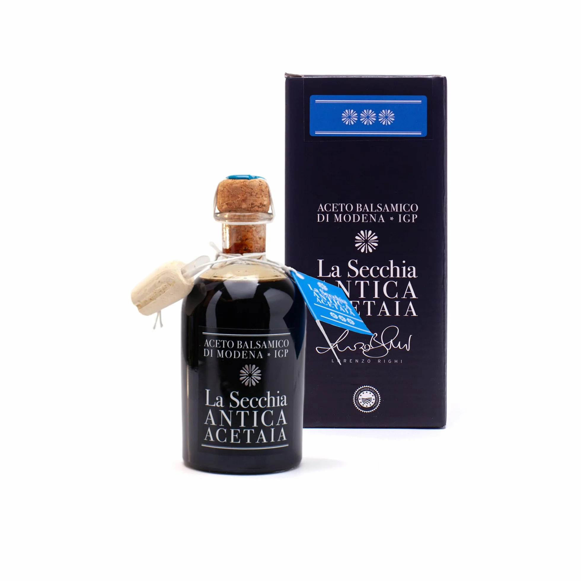 La Secchia - Aceto Balsámico de Módena IGP "Tres Estrellas", madurado en 12 barricas de Cerezo-Morera, densidad media, botella de 250 ml con tapón dosificador de corcho.