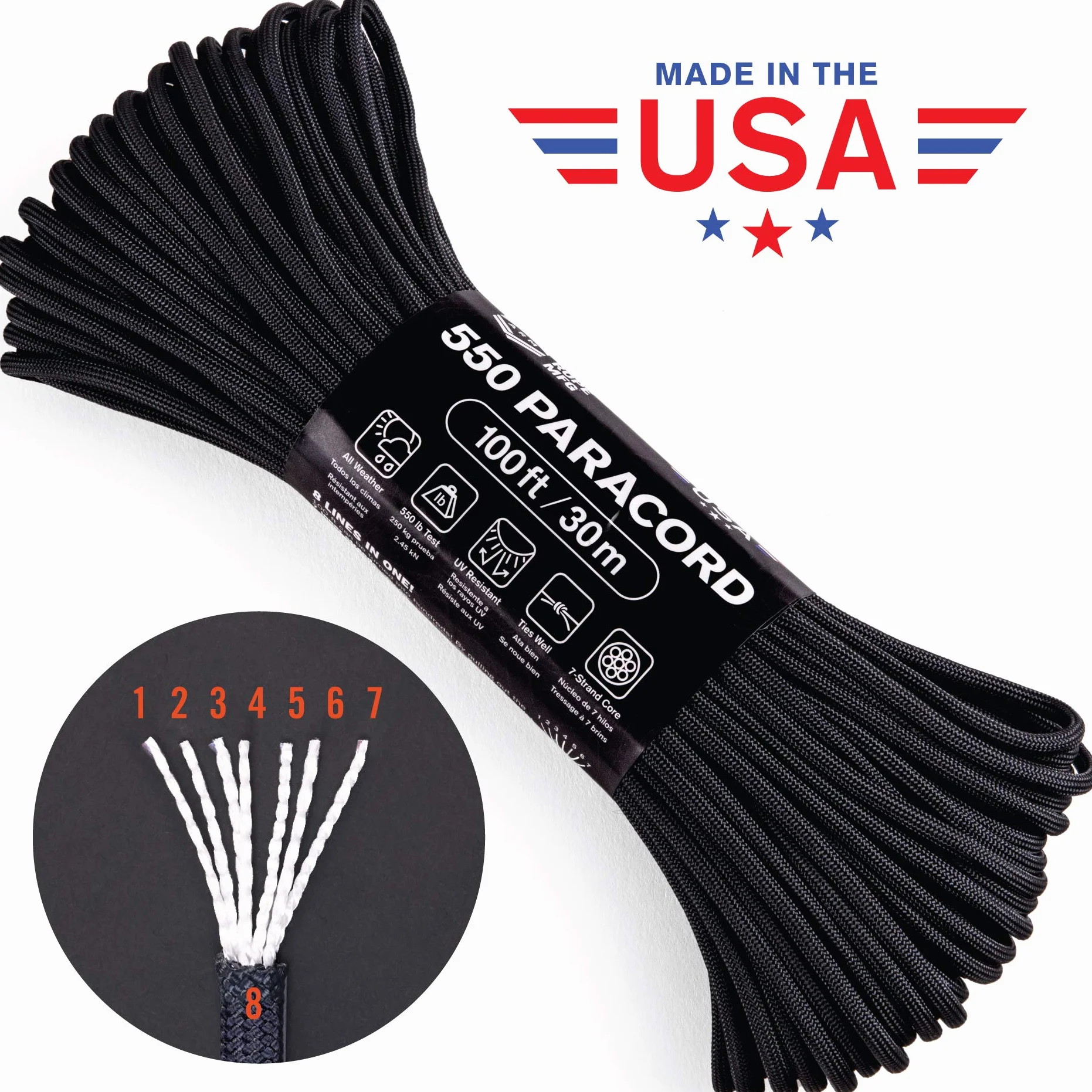 Atwood Rope MFG 550 Cuerda de paracaídas de nailon 100 pies, 7 hebras, núcleo, hecha en EE. UU., negro