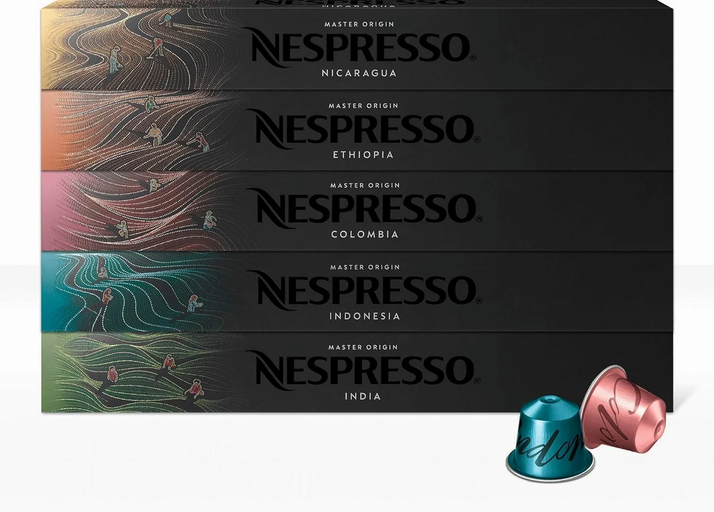 Nespresso Café Master Origin paquete variado 50 cápsulas: Colombia, Etiopía, India, Indonesia, Nicaragua - Sistema Original