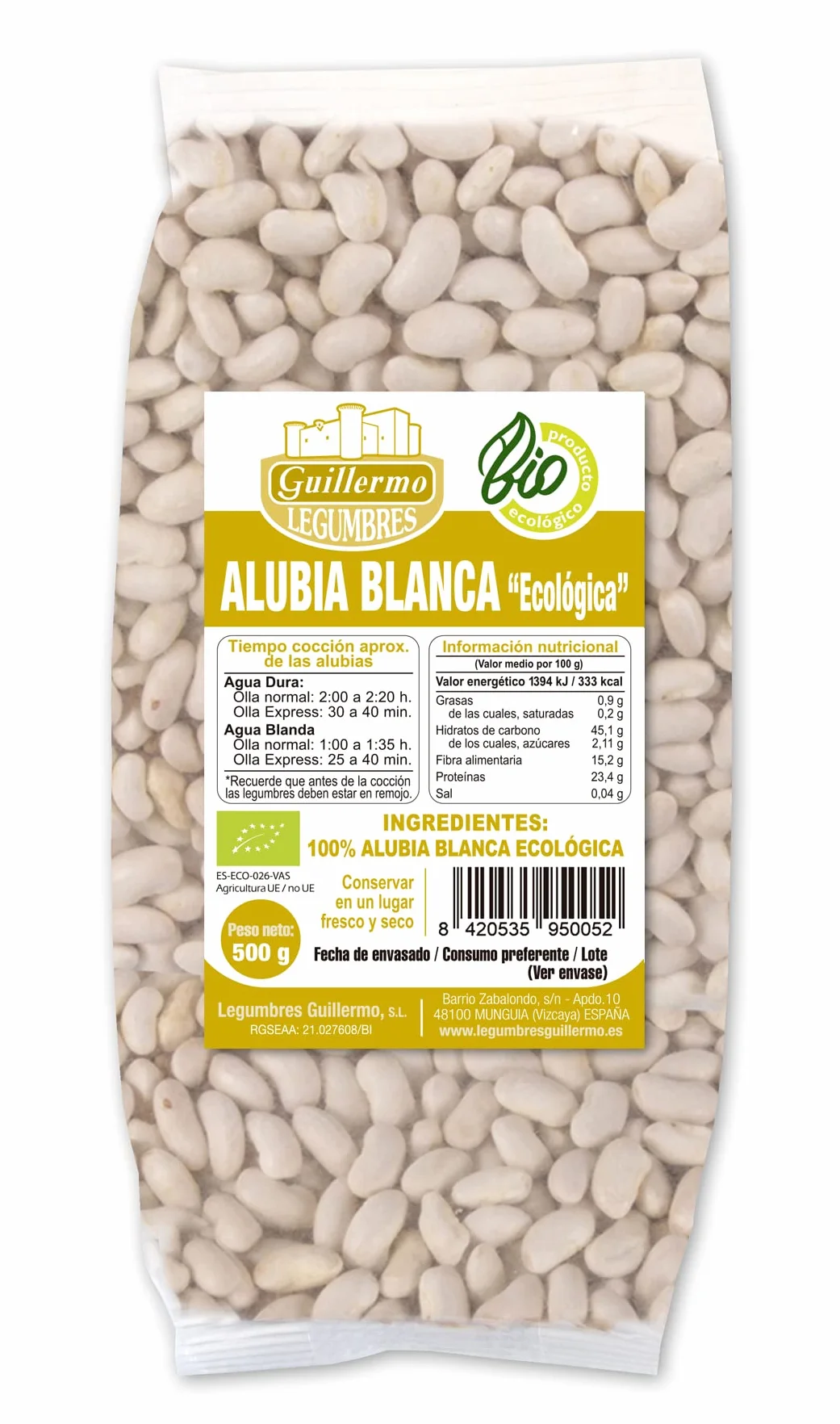 Guillermo | Alubia blanca BIO - Paquete 500g. | 100% ecológico | Gran fuente de proteínas vegetales, hidratos de carbono, minerales y vitaminas