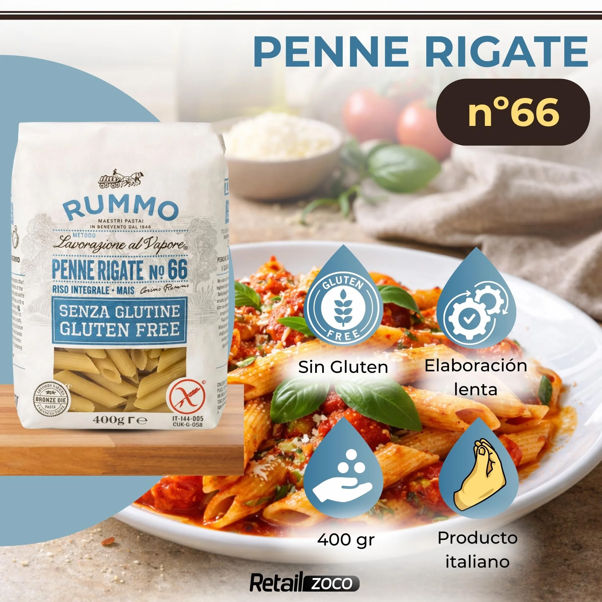 Pasta Rummo Penne Rigate SIN Gluten Nº66, Pasta Italiana, Pasta alimenticia con harina de arroz integral y maíz, Sin gluten, Elaboración lenta, Tiempo de cocción 12 minutos, 6 Paquetes de 400 gr