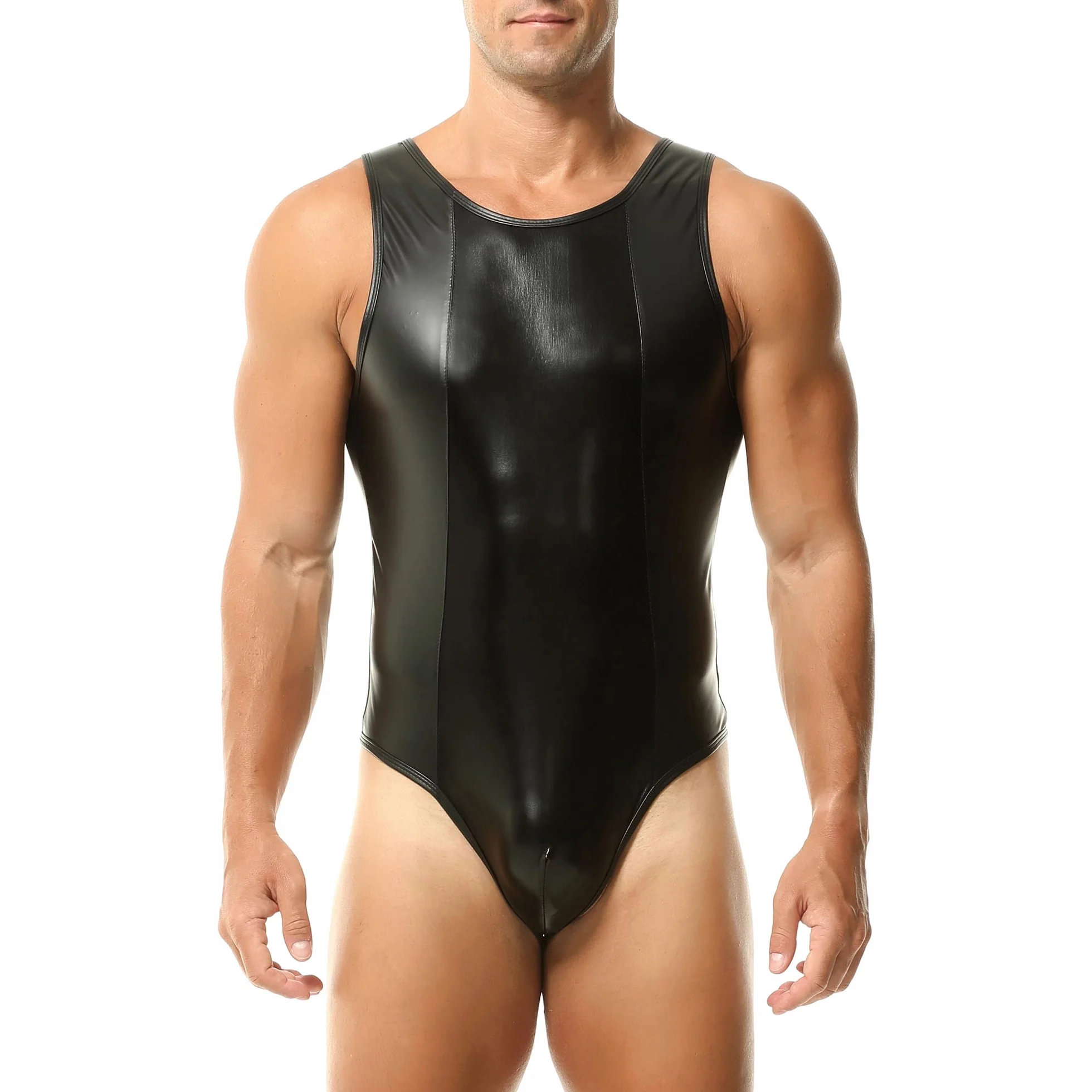 DTODWW Maillot Moldeador de Cuero Falso para Hombres, Maillot de Lucha de Ajuste Slim con Brillo, Chaleco Sin Mangas