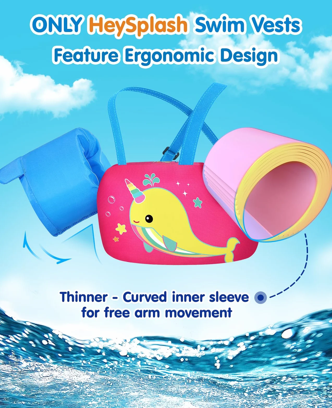 HeySplash Chaleco de Natación para Niños con Correa Ajustable, Flotador de Piscina 13-30/22-44lbs