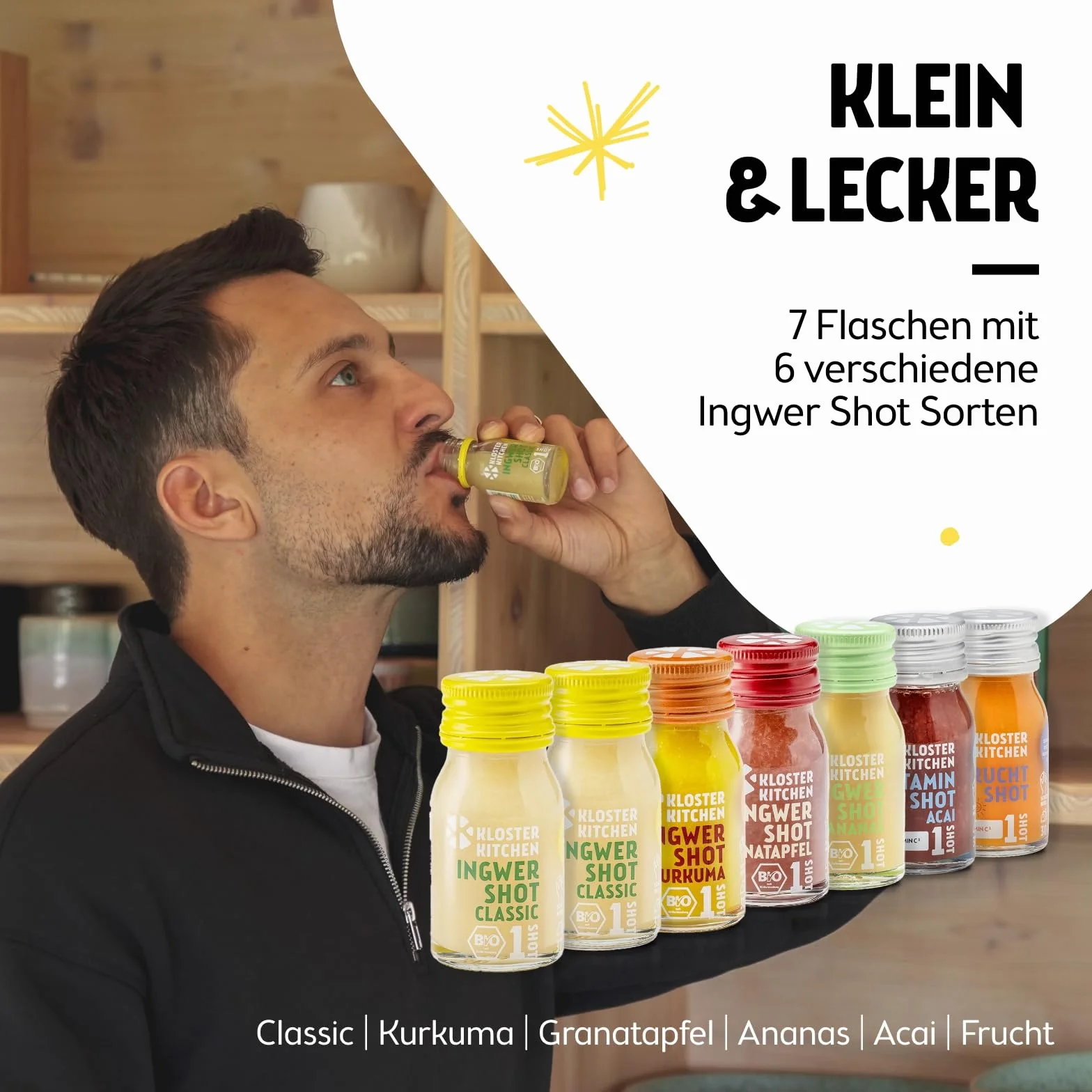 Kloster Kitchen Mezcla de jengibre orgánico 14 botellas 30 ml con trozos de jengibre vidrio vegano
