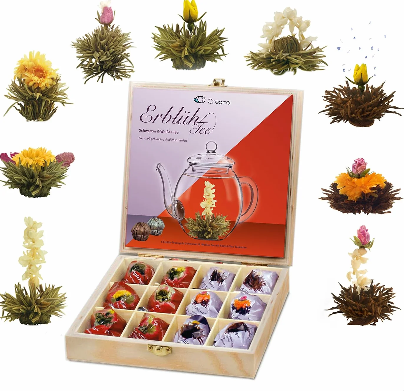 Creano Flores de Té Mix 12 uds Cofre de Madera 9 Variedades Té Blanco y Negro Regalo Sostenible Elegante para Mujer
