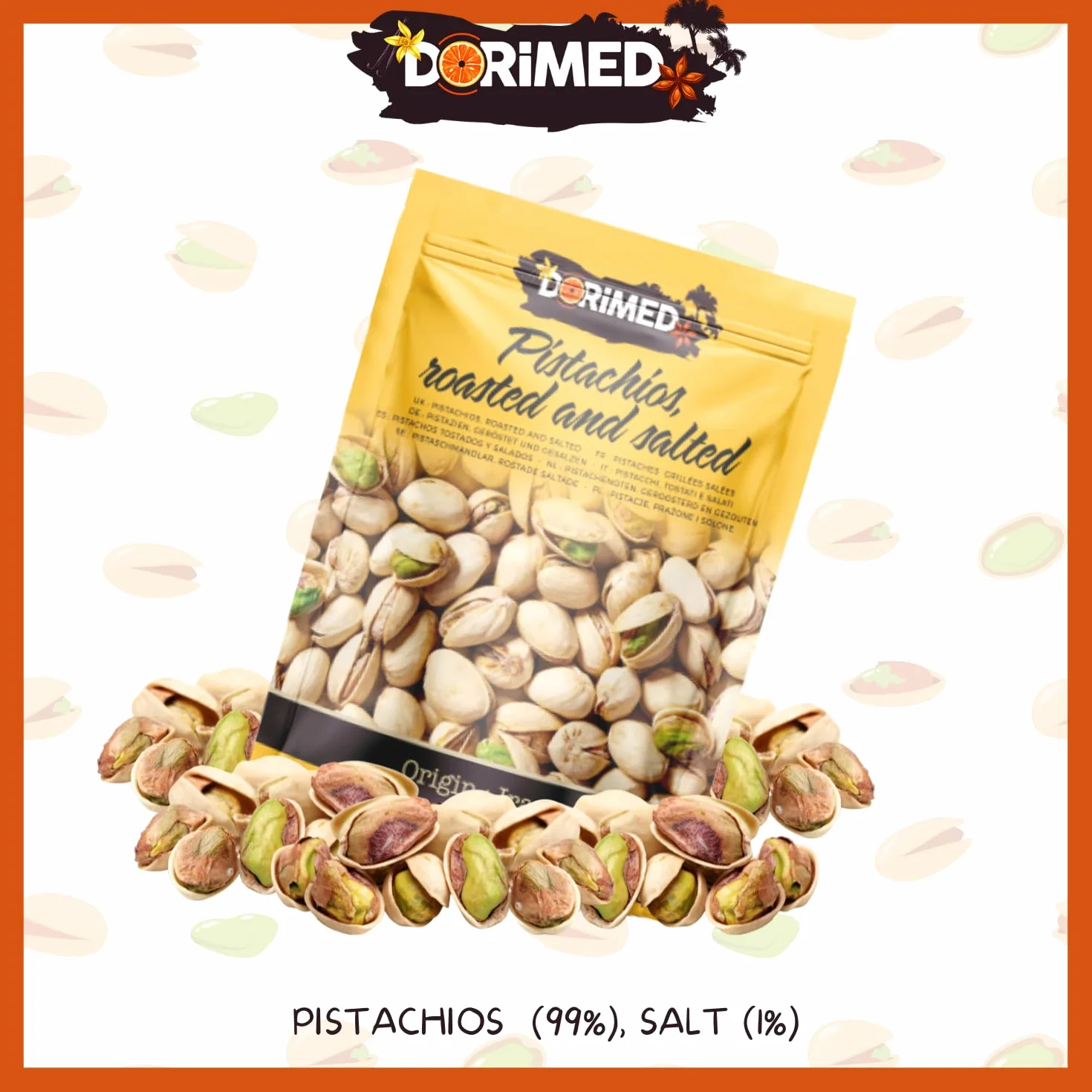DORIMED Pistachos Secos y Enteros | 1 Kg de Nueces de Pistacho con Cáscara | Frutos Secos Asados y Salados | Libre de Transgénicos (GMO Free) | Veganos y Vegetarianos | Tostados