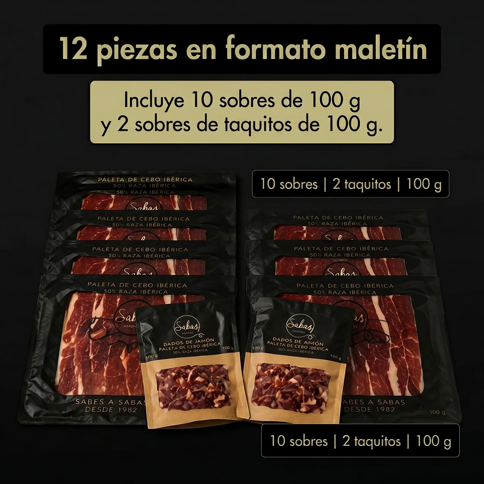 SABE A SABAS Cesta Paleta Gran Reserva Duroc 50% Cortada a Cuchillo 10 Sobres 100g con 2 Taquitos 100g Estuche Gourmet Regalo Jamon Curado Loncheado Tabla Aperitivo Navidad Evento Familiar