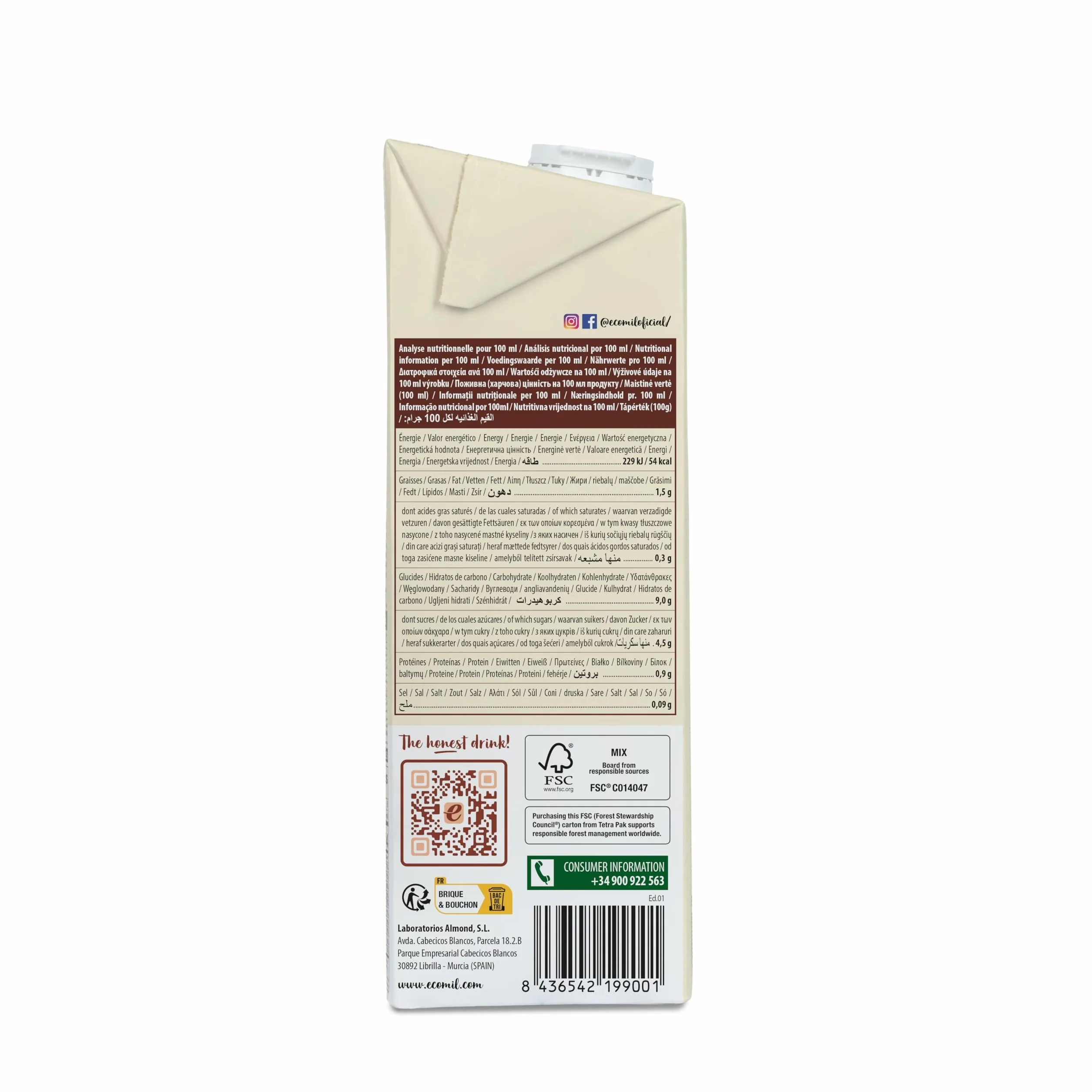 Ecomil - Bebida Vegetal de Avena y Vainilla Bio, Pack 6 x 1 L, Sin Azúcares Añadidos, Ecológica y Vegana, Lista para Consumir, Sabor Suave y Natural