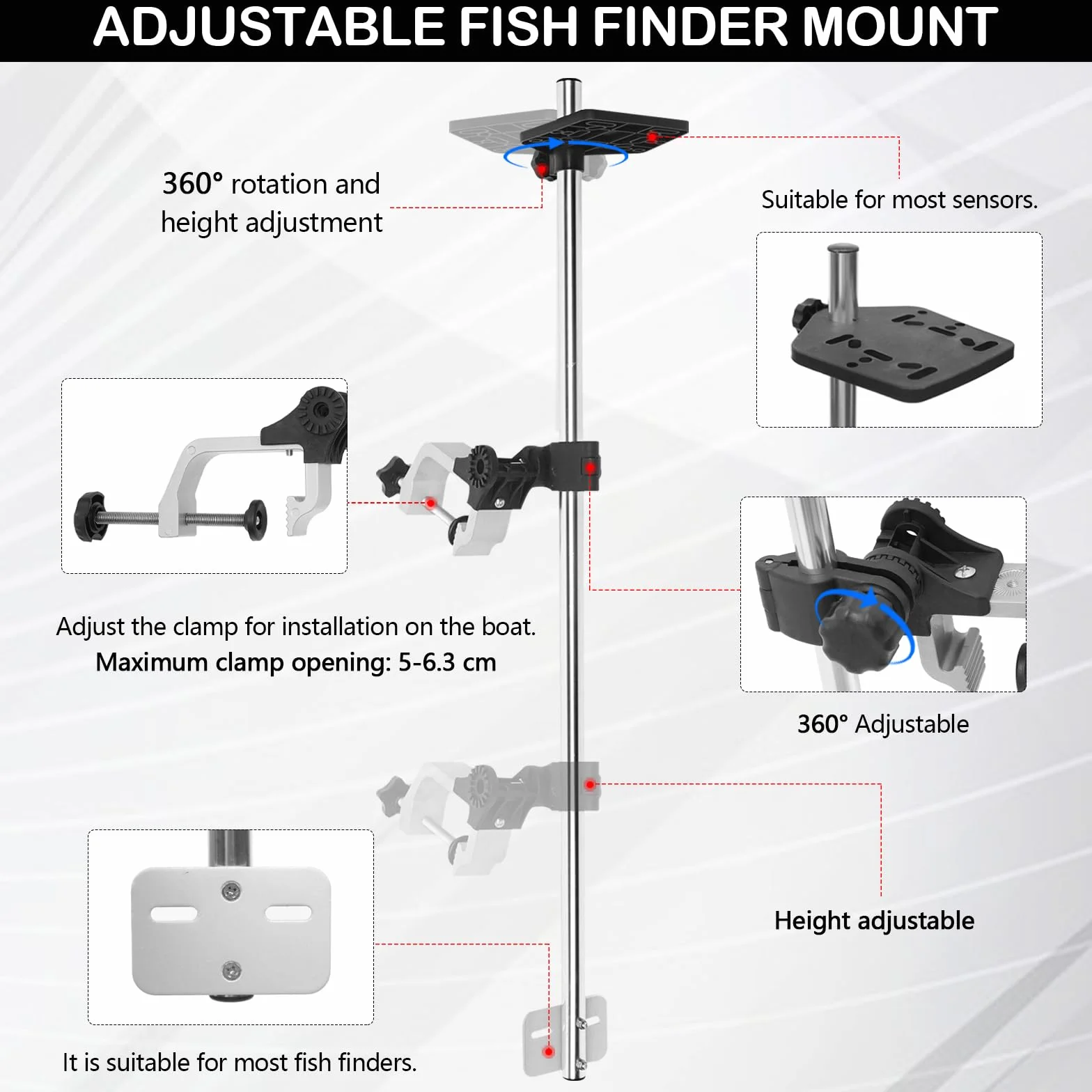 Soporte para Sonda De Pesca Giratorio 360° Aleación De Aluminio Abrazadera Ajustable Universal 80cm