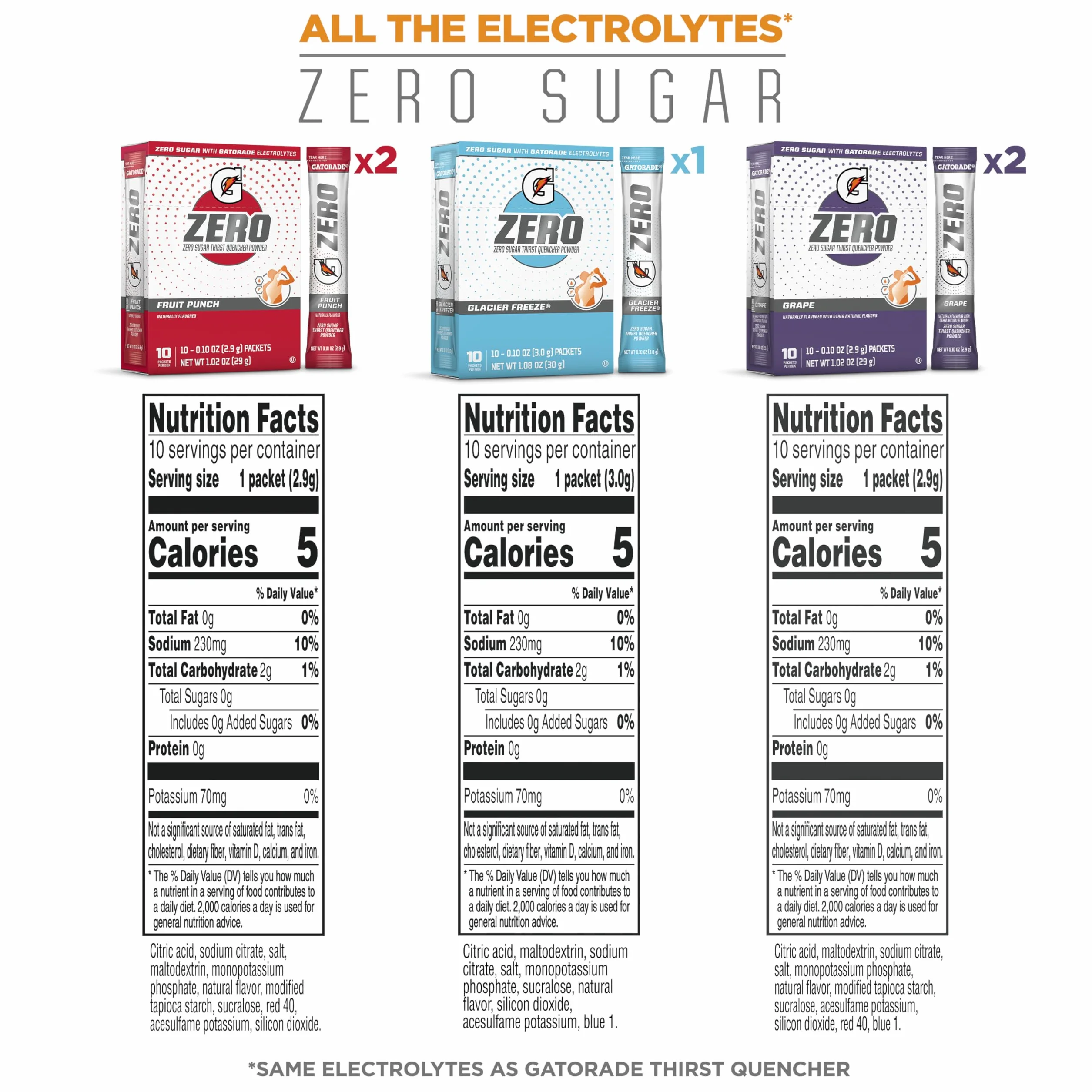 Gatorade G Zero Powder, Fruit Punch Variety Pack, 0.10oz Individual Packets (50 Pack)