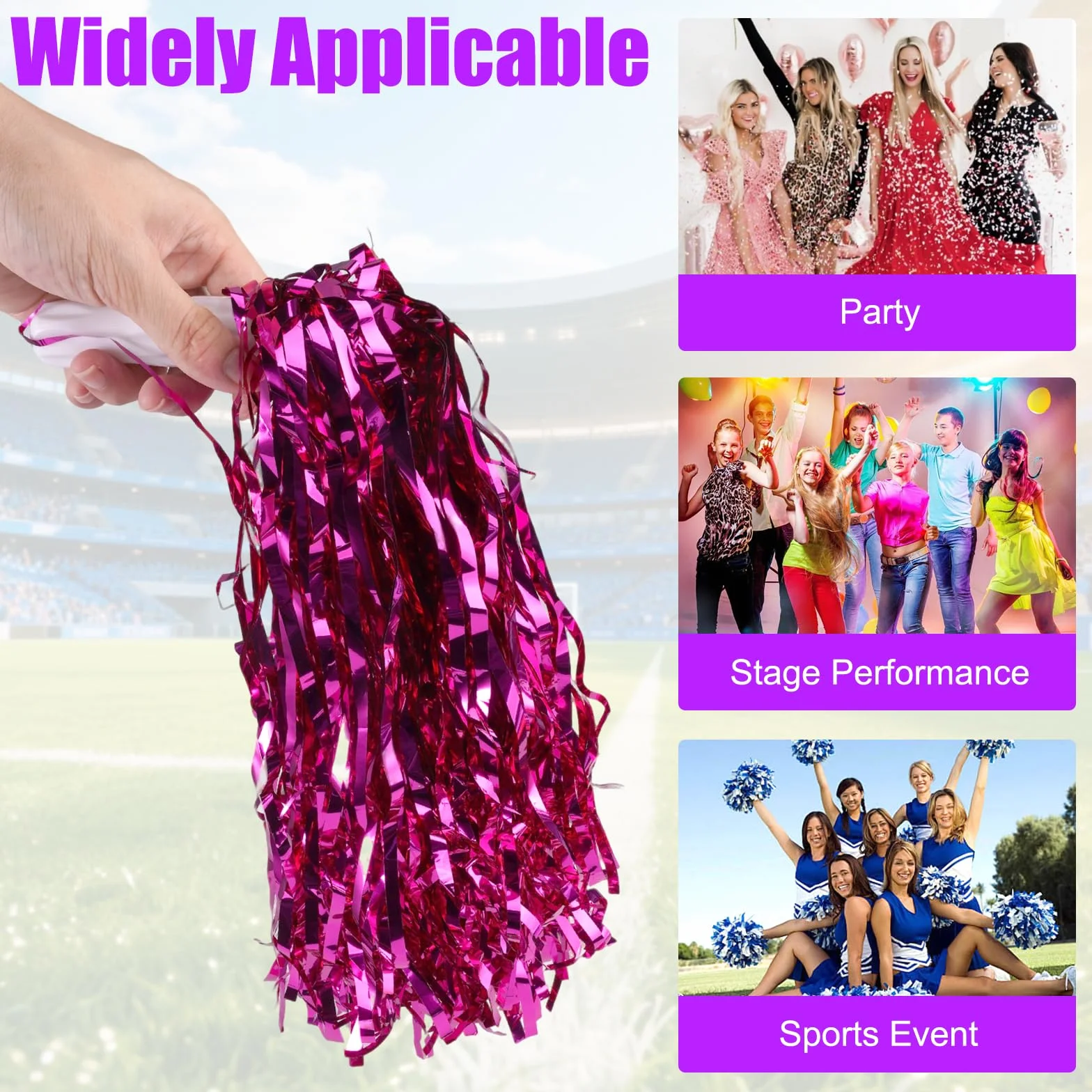 Pompones de Animadora 6 Piezas con Mango Azul/Violeta/Magenta para Eventos Deportivos y Fiestas