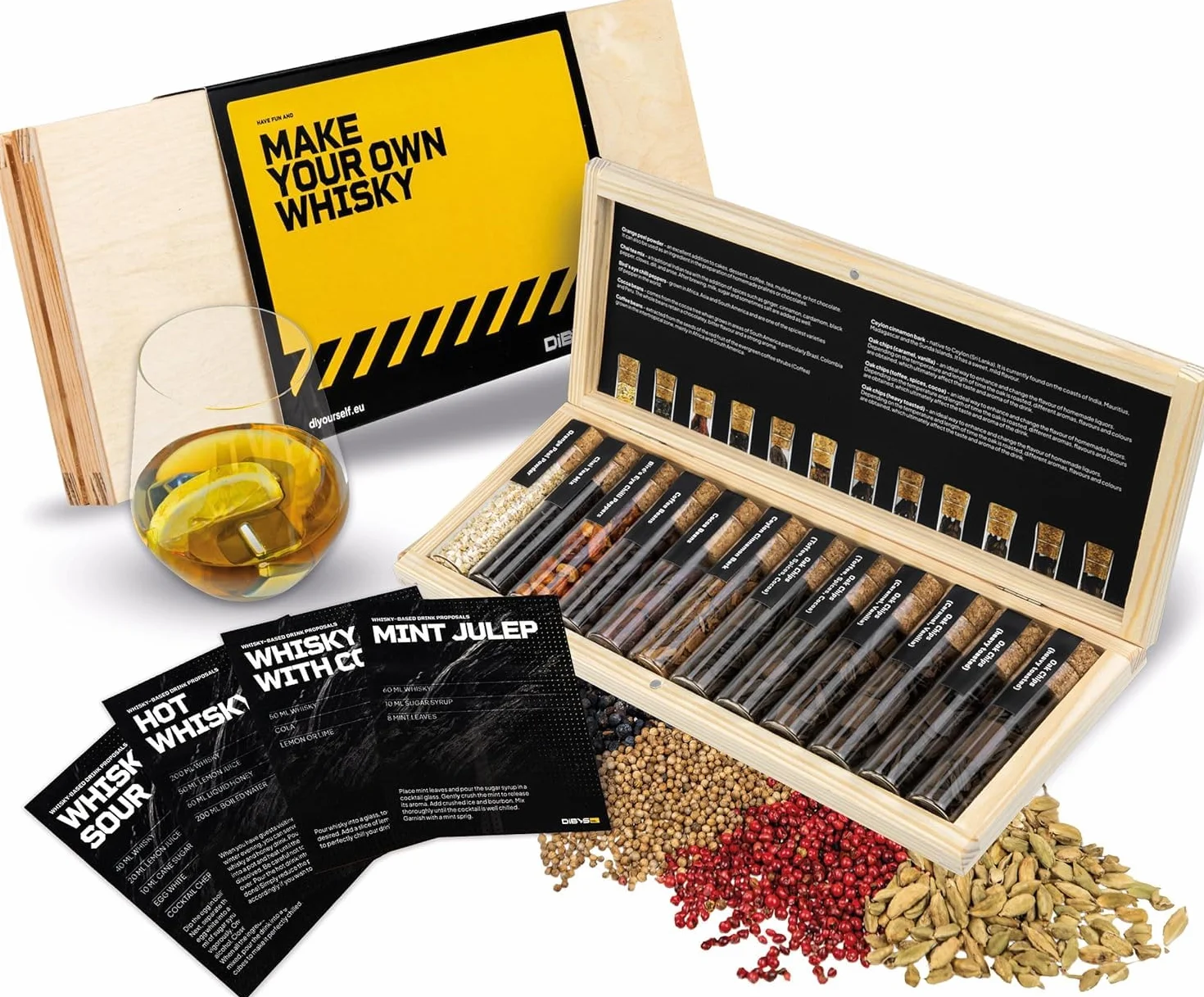 DIBYS Mini Kit Whisky para Regalar | 12 Especias para Cócteles | Con 4 Tarjetas de Recetas, Léxico y Elegante Caja | Set de Regalo para Hombres y Mujeres | Juego Hacer Whiskey Infusión en Casa