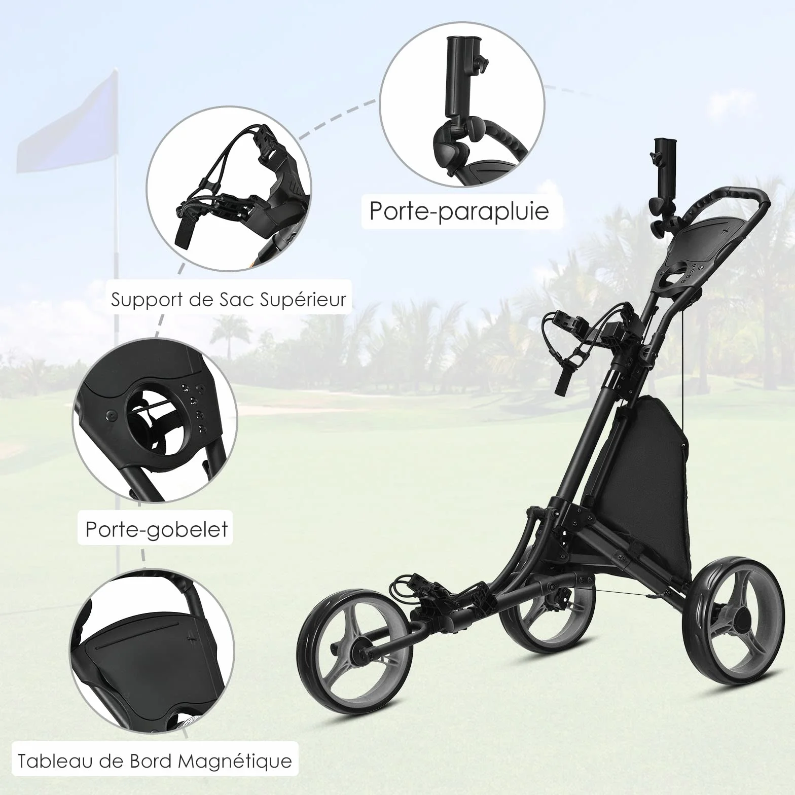 GOPLUS Carrito de Golf Plegable 3 Ruedas, Altura Ajustable, Aluminio, Portaparaguas, Bolsa Impermeable, Freno Pie, 121x70x116 cm