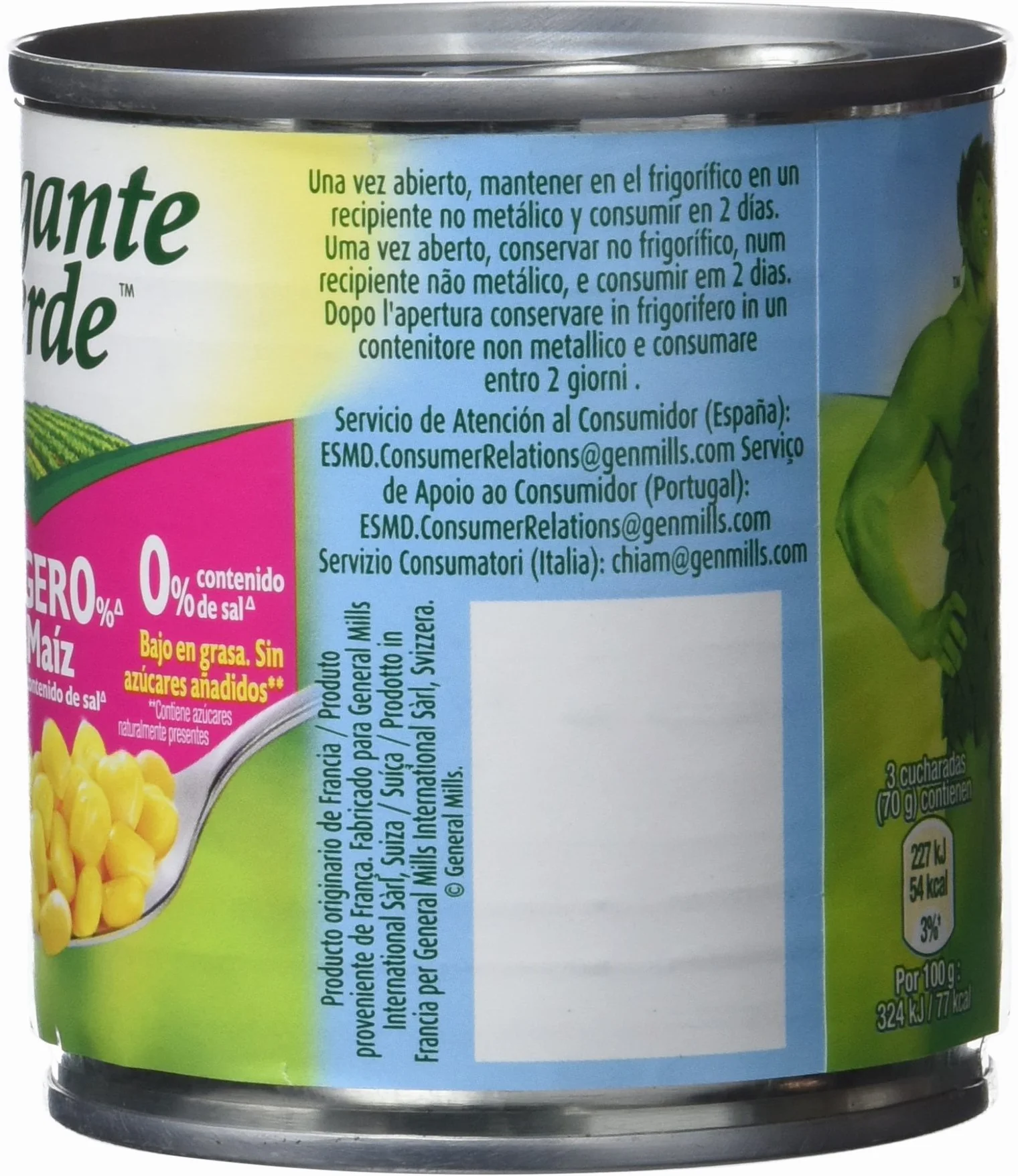 Gigante verde bipack lata de maíz dulce ligero% (0% sal) 2x160g