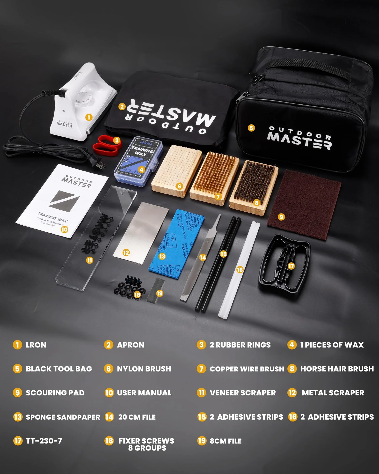 OutdoorMaster Kit de afinación y encerado para esquí y snowboard con plancha de cera, cera universal, afinador de bordes, cepillo, raspador de cera, Ptex, tornillo de fijación, banda de goma (negro)