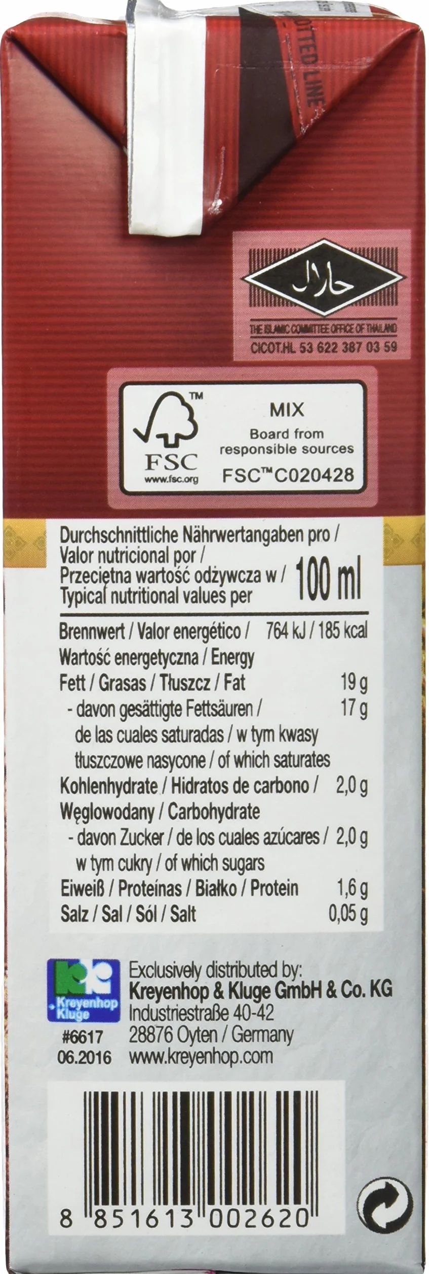 Orient Gourmet Leche de coco, leche cremosa con sabor a coco, cocina tailandesa auténtica, Contenido de Grasa 17-19%, 1 2 x 500 ml