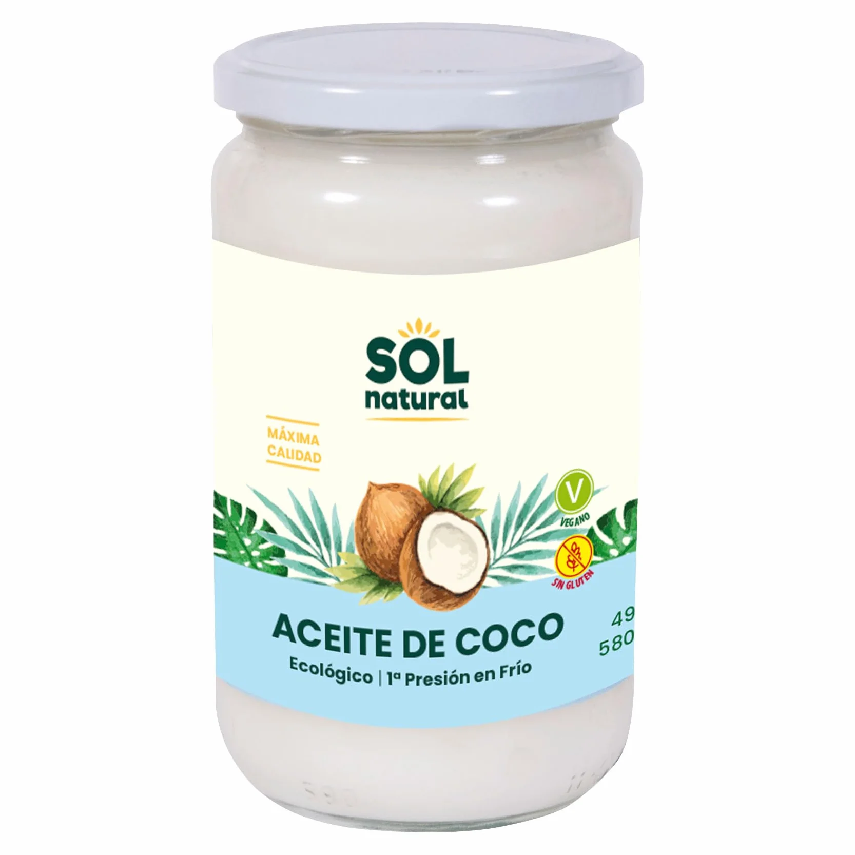 Sol Natural - Aceite de coco virgen extra ecológico - Uso alimentario y cosmético (piel y cabello) - Alto contenido en ácido láurico - 580 ml