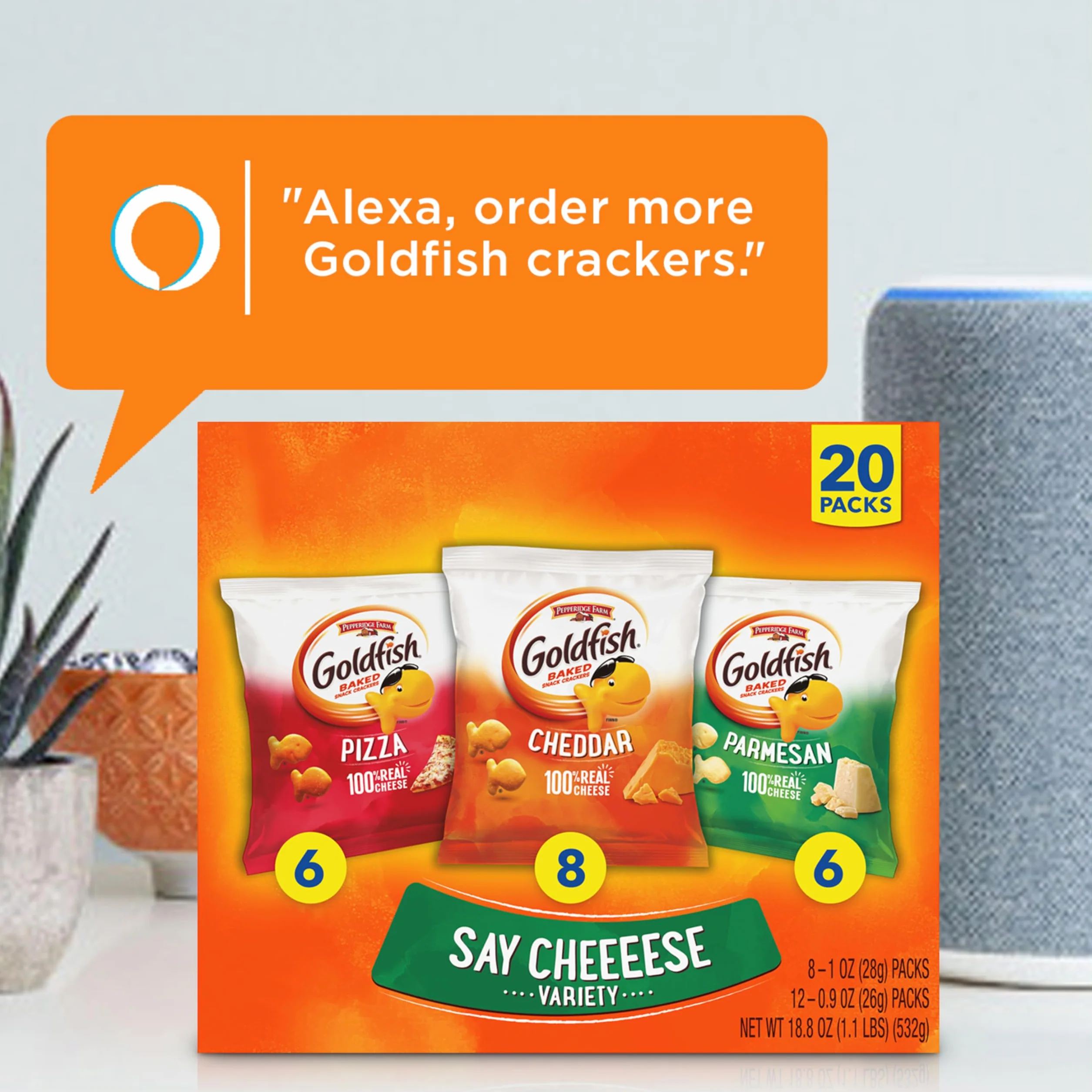 Pepperidge Farm Goldfish Crackers Say Cheeeese variedad con cheddar, pizza y parmesano, 20 paquetes de aperitivos