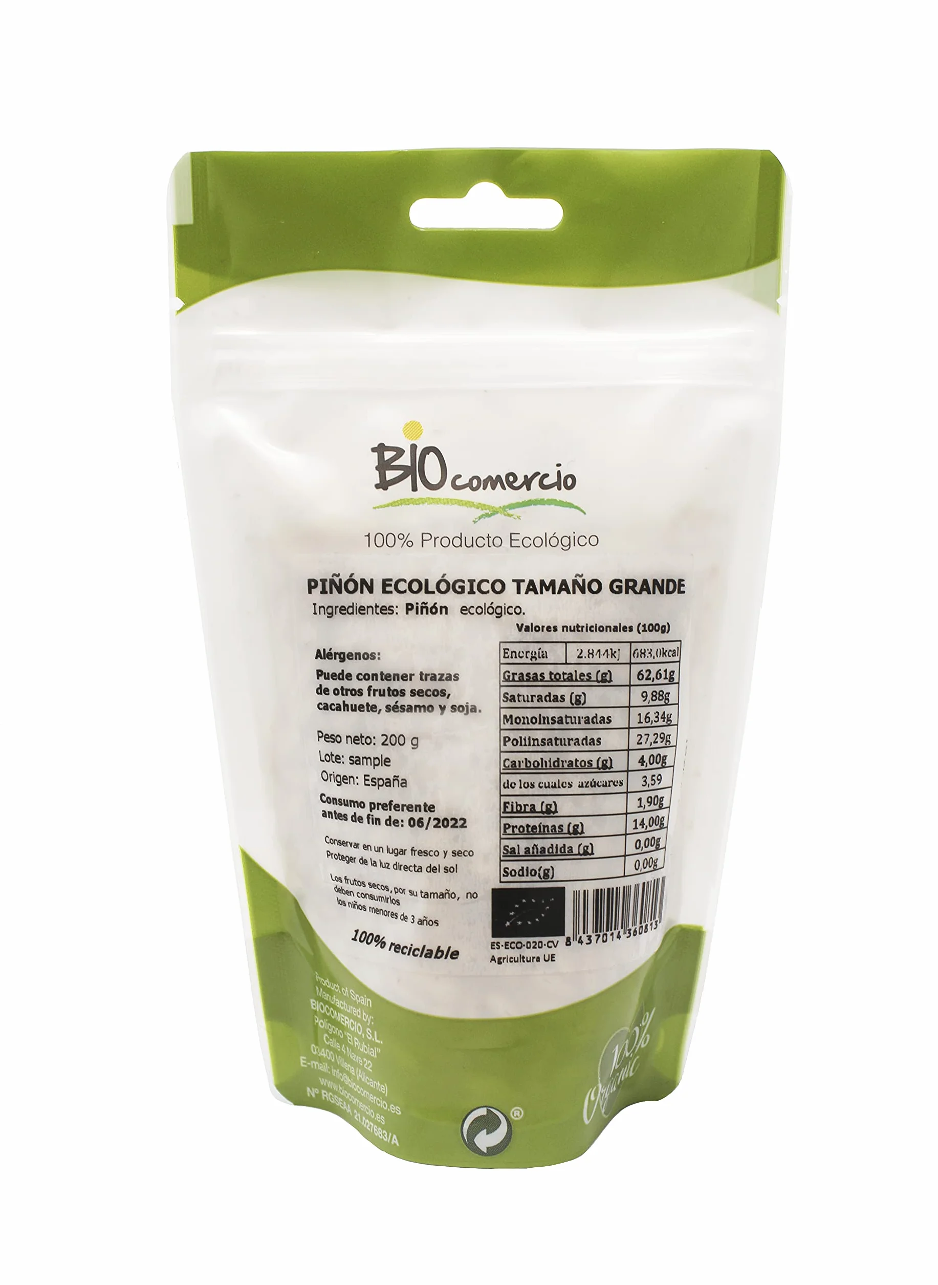 BIOCOMERCIO | Piñón Ecológico Tamaño Grande | Piñones Grandes| 200 gramos | Piñones enteros | Frutos secos | BIO
