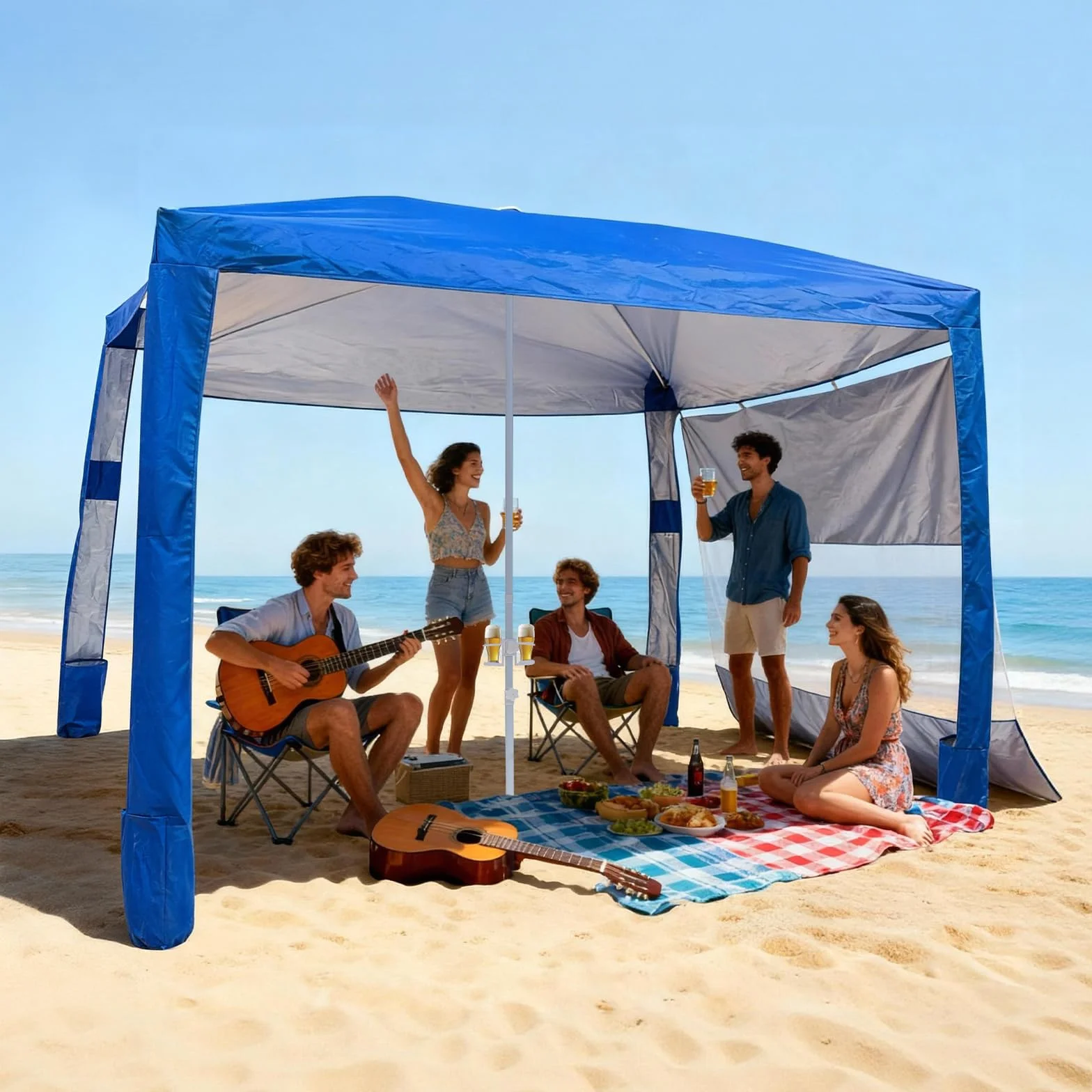 VEVOR Cabaña de Playa 2,4 x 2,4 m UPF 50+ Protección Solar con Pared Lateral Portátil