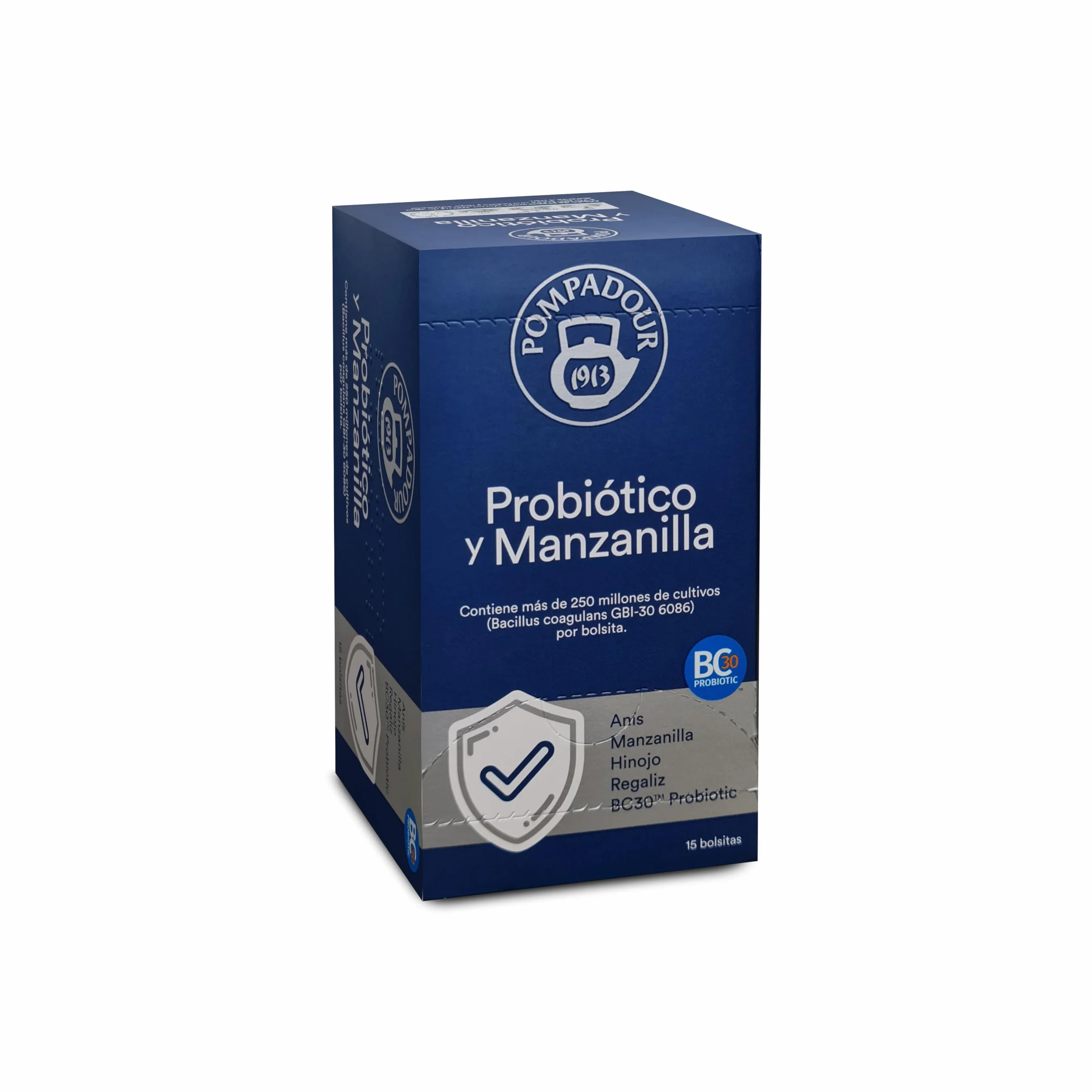 Pompadour | Probiótico y Manzanilla | Ayuda a la Flora Intestinal | Con Probiótico BC30 | Sin Teína | 15 Bolsitas de 1,75 Gr