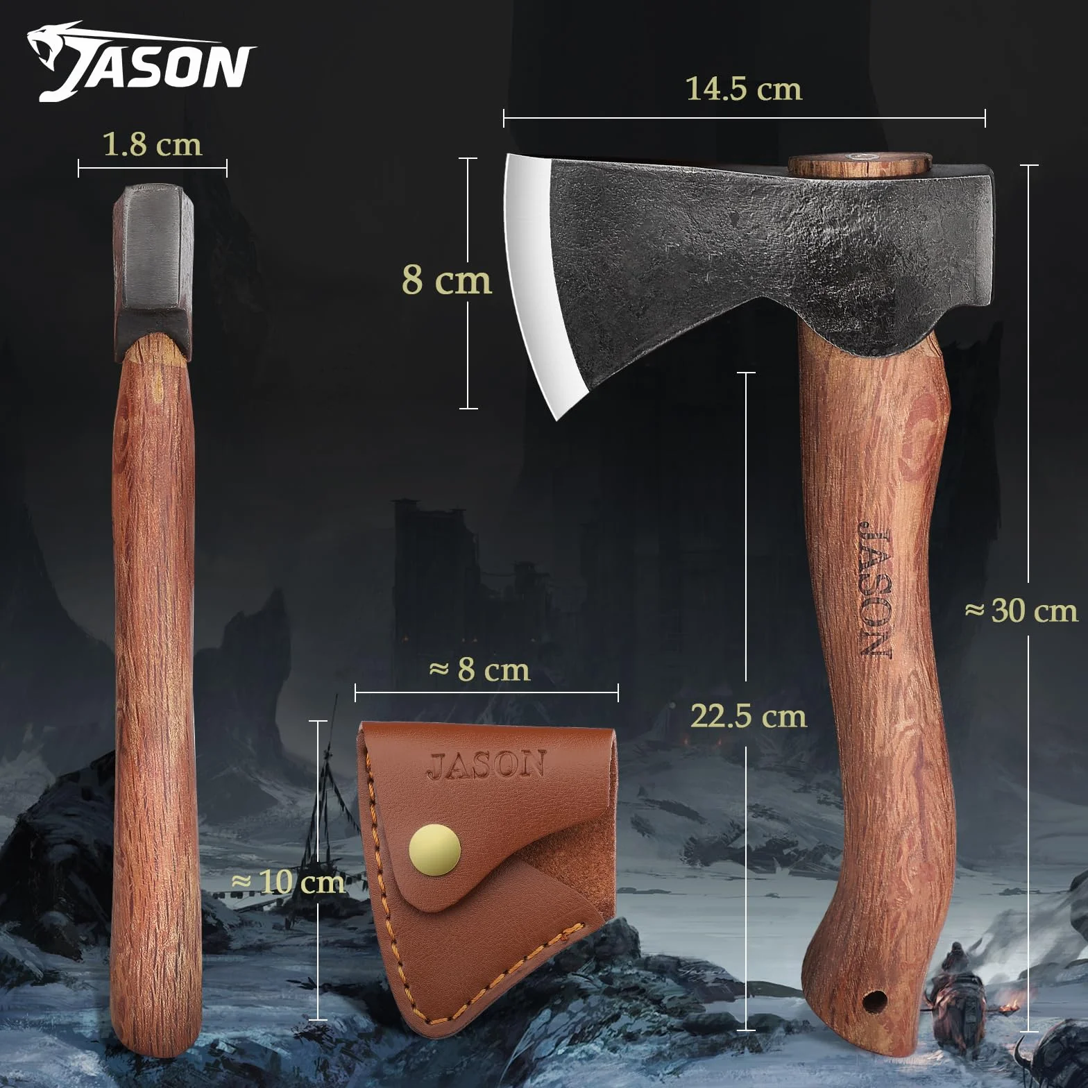 JASON Hacha de mano con mango de madera 30 cm Hacha de supervivencia al aire libre con vaina de PU Hacha de vikingo forjada a mano
