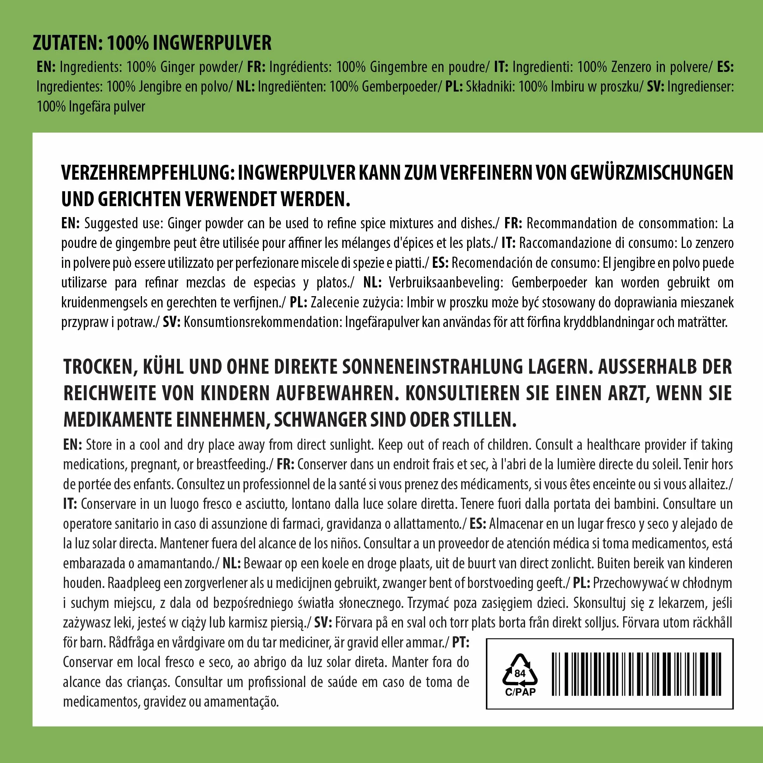 Alpi Nature Jengibre en Polvo 500g, Raíz de Jengibre Seca y Molida para Cocinar y Hornear