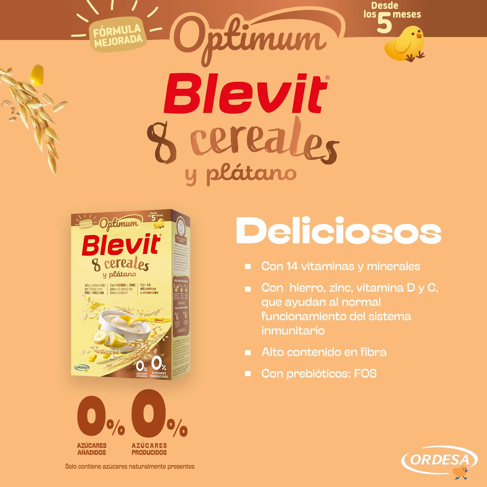 Blevit Optimum 8 Cereales y Plátano | 250g | Papilla para Bebé con 85% de Cereales - Copos de Plátano, Vitaminas, Minerales y Fibra