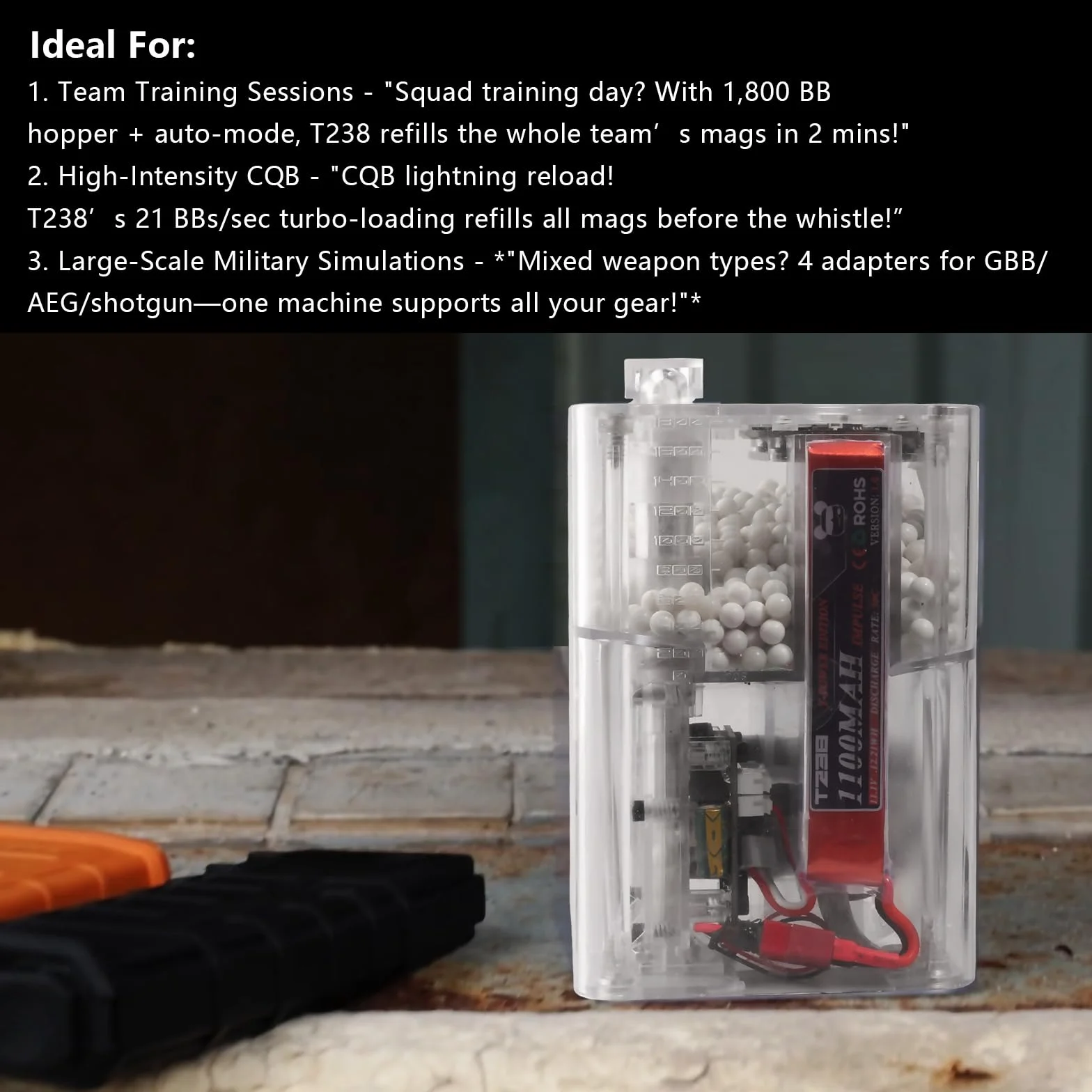 Cargador eléctrico Airsoft Speedloader PRO automático 21 BBS/s OLED 1800rd 4 adaptadores 11,1 V 1100 mAh