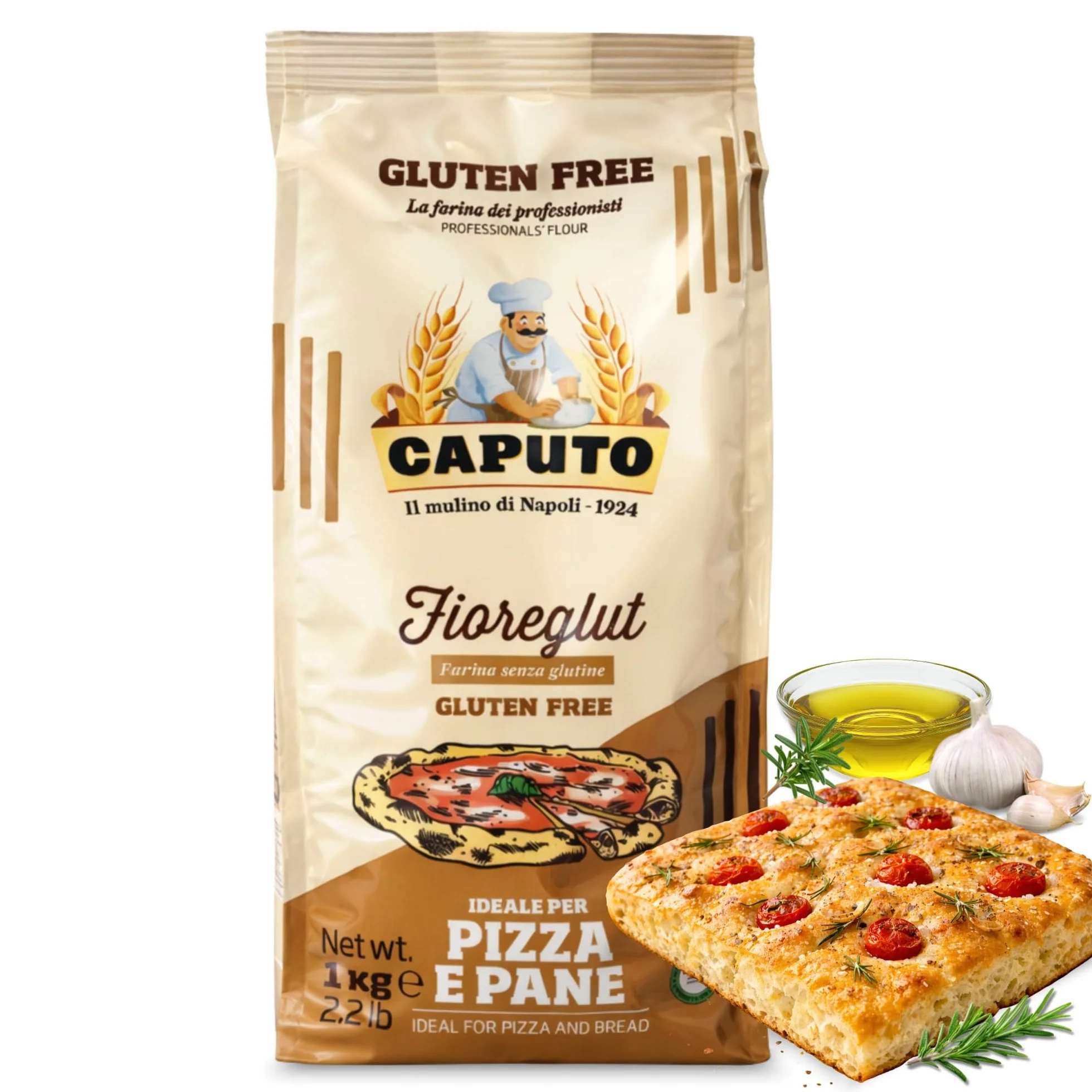 Harina Sin Gluten FioreGlut Caputo, Origen Italiana, ideal para una buena pizza o de un pan aromático, Sin Gluten, Sin Lactosa, Sin Huevos, Proteina 1%, Contiene 1 unidad de 1 Kg