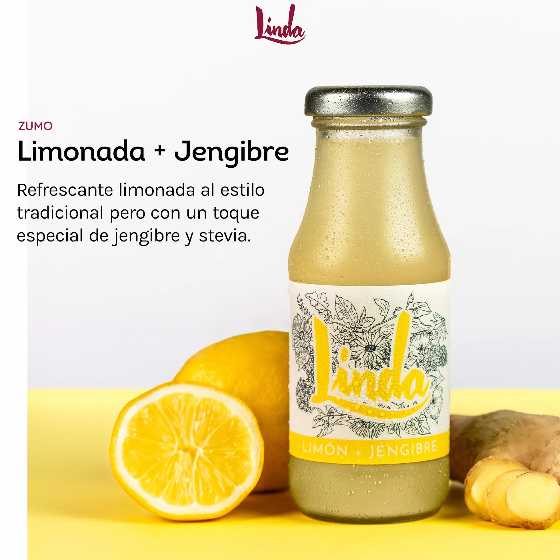 LINDA - Limón + Jengibre Pack 12 Uds x 200 ml, Limonada Endulzada con Agave, Rico en Vitamina C, 100% Natural y Vegano, Aporte Energía, Propiedades Antioxidantes y Depurativas, sin Gas