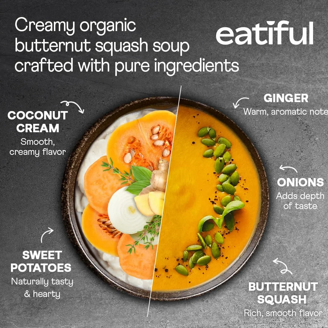 EATIFUL Sopa de Calabaza Moscada, Deliciosa Sopa de Calabaza Moscada Lista Para Comer con Boniatos, Elaborada con Verduras Ecológicas, de Origen Vegetal, sin Gluten y OMG, 400g (Paquete De 10)