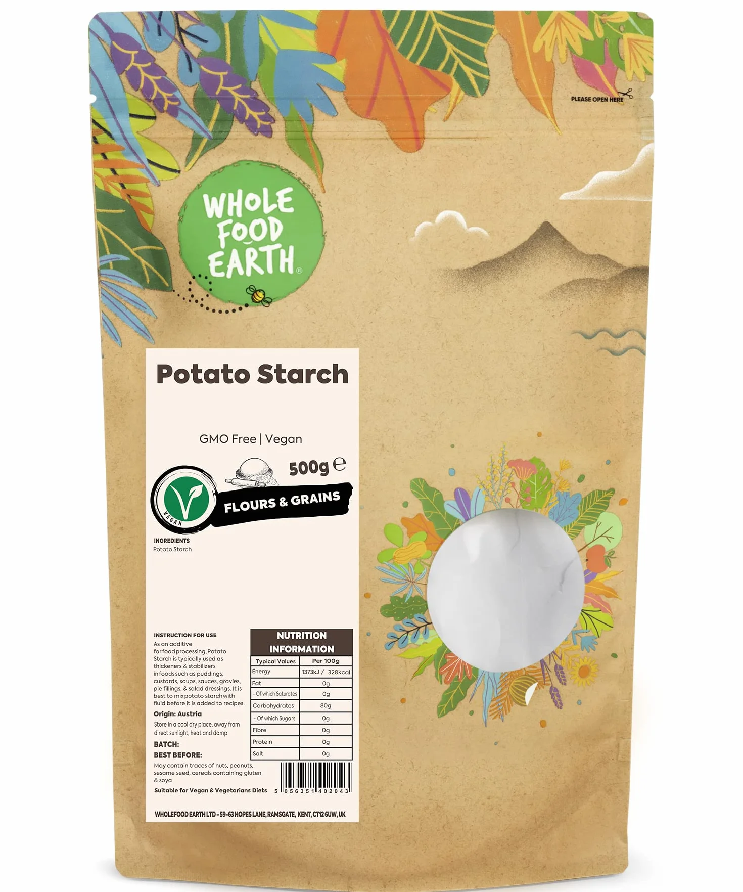Almidón de patata Wholefood Earth, sin OMG, vegano, sin lácteos, sin azúcar añadido, 500 g