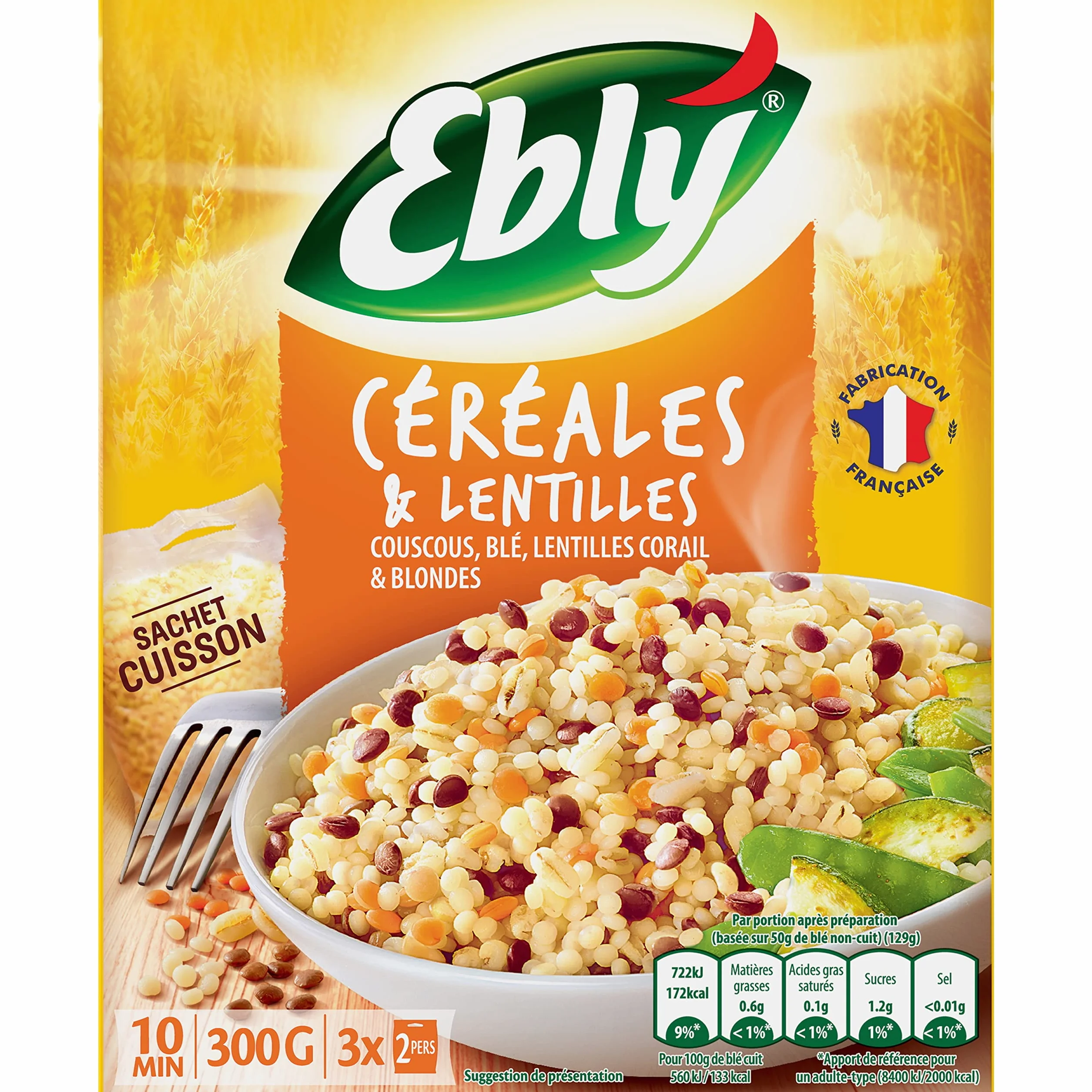 EBLY Céréales & Lentilles Couscous/Blé/Lentilles Corail/Blondes Cuisson 10 Minutes 3 Sachets de 100 g