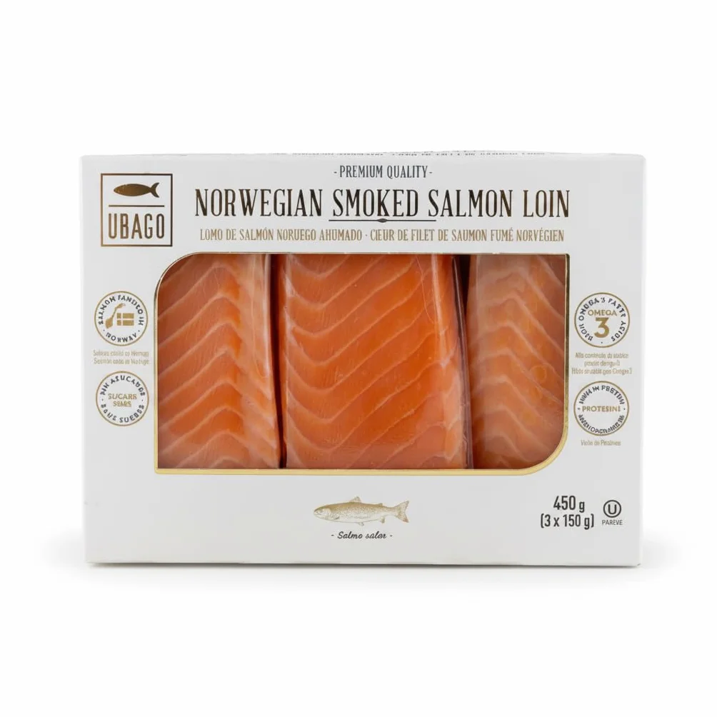 Lomo de Salmón Noruego Ahumado - Pack de 450 g (3 unidades x 150 g) - Alto en Omega-3 y Proteínas - Salmón de Noruega Seleccionado para Sashimi, Tostas y Aperitivos - Ubago - Sin Gluten - NEXU