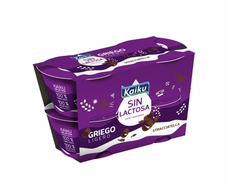 (6 PACK) DE 4 x 90 g. KAIKU Yogur griego ligero Sin lactosa SABORES VARIOS (REFRIGERADO) (STRACCIATELLA)