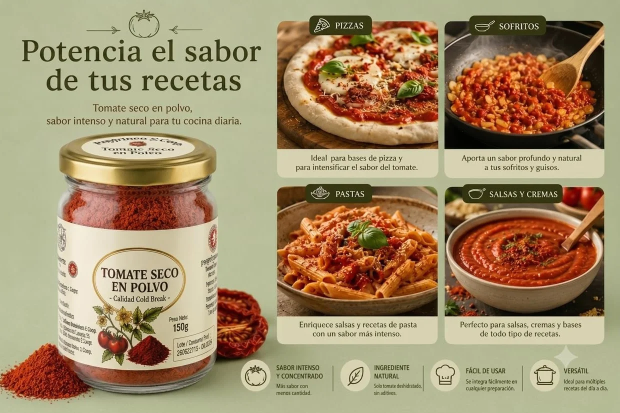 Tomate Seco en Polvo Premium (150g)-Molido Fino, Sabor Intenso y Natural- Ideal para Pasta, Sofritos y Pasta de Tomate Concentrada (1 bote 150g)