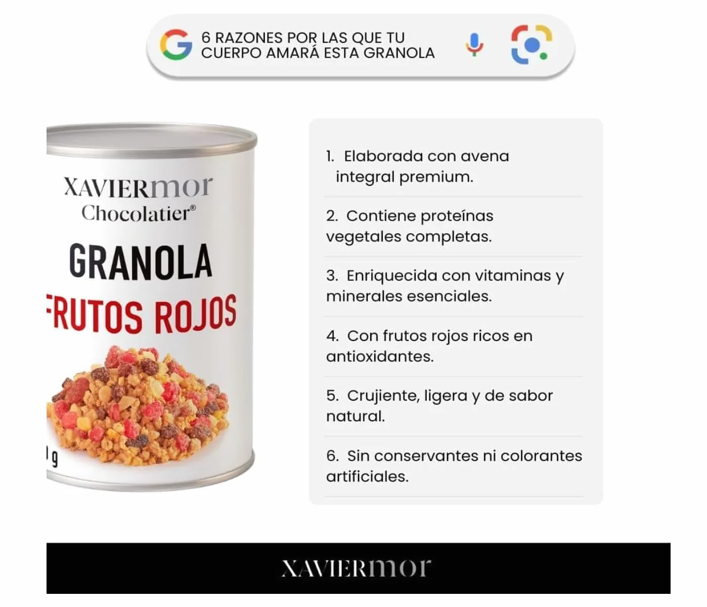 XAVIERMOR – Granola de Avena Crujiente con Frutos Rojos 400g – Desayuno Saludable con Alto Contenido en Proteínas y Fibra – Snack Fitness Nutritivo, Energía Sostenida y Saciedad Duradera