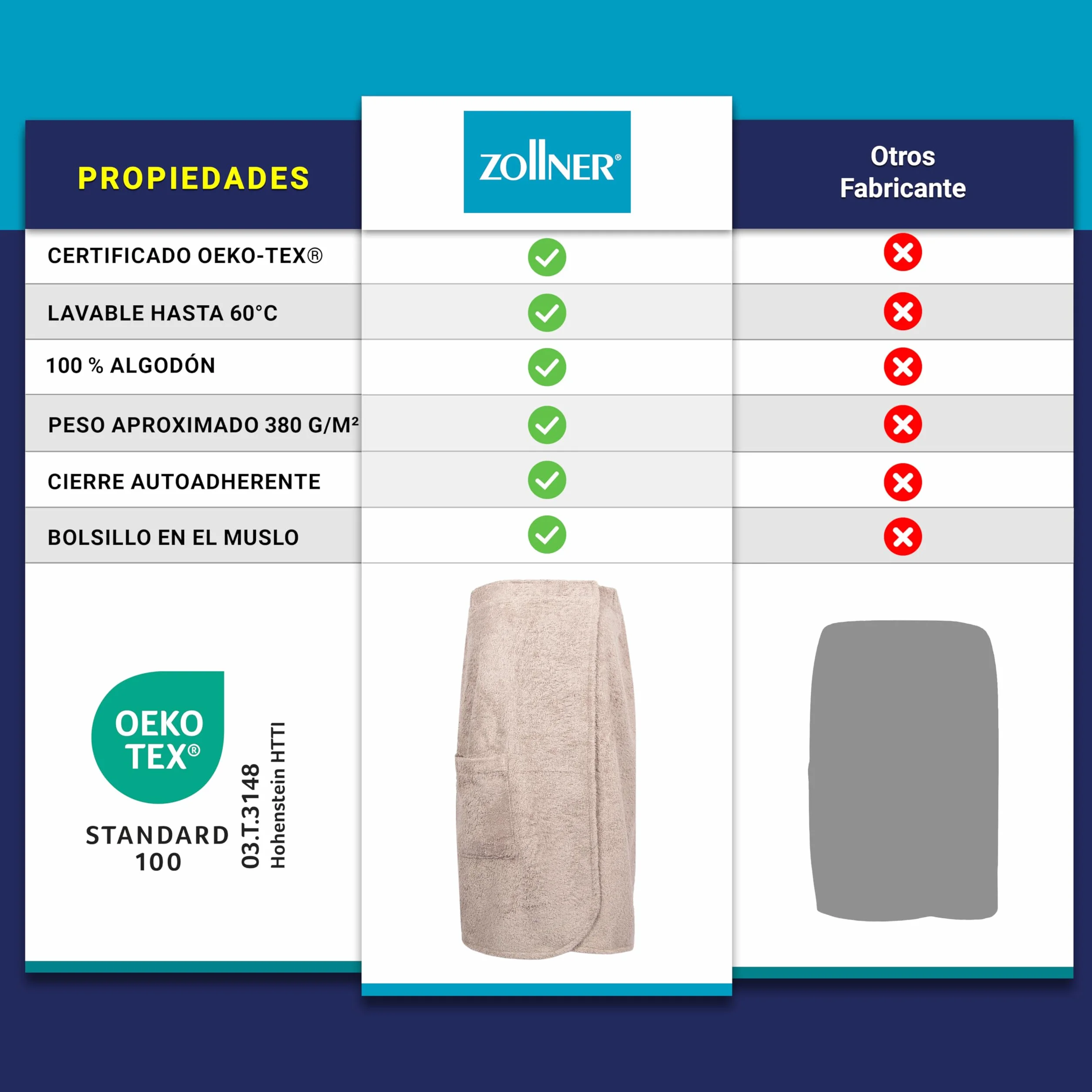 ZOLLNER Falda escocesa para sauna hombre algodón cintura elástica fermeture à scratch Oeko Tex®
