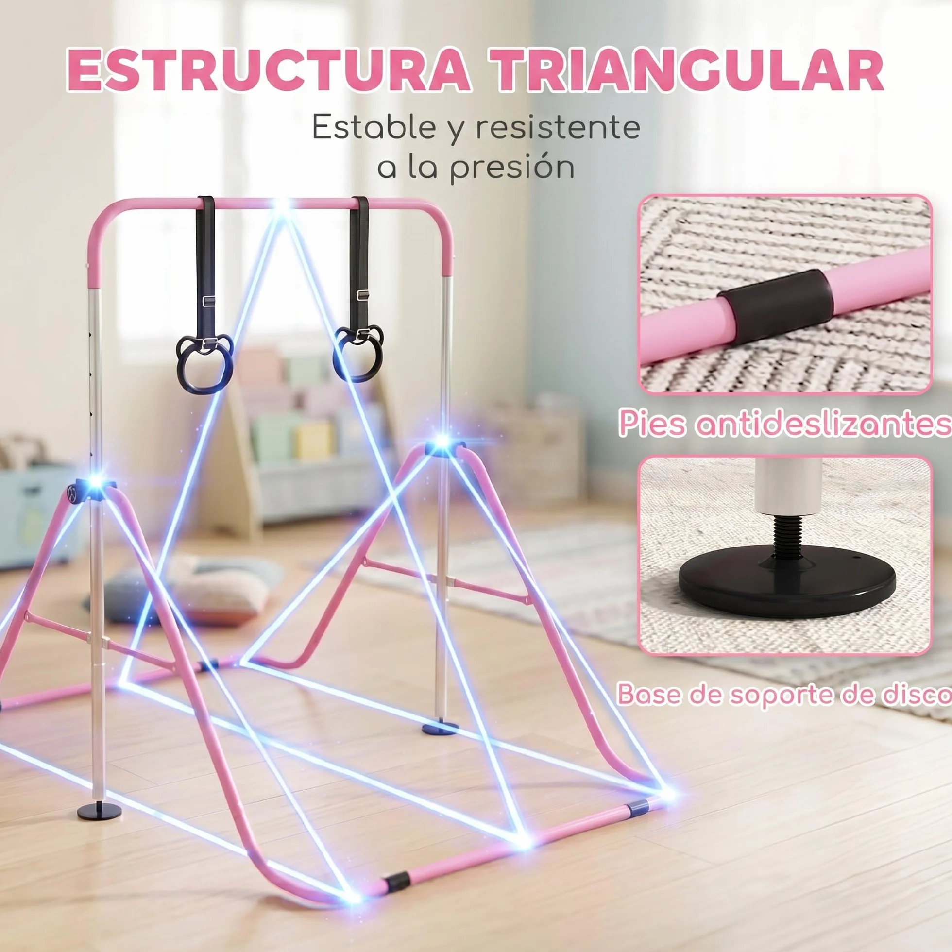 HOMCOM Barra de Gimnasia Plegable para Niños con Altura Ajustable 5 Niveles y Anillos