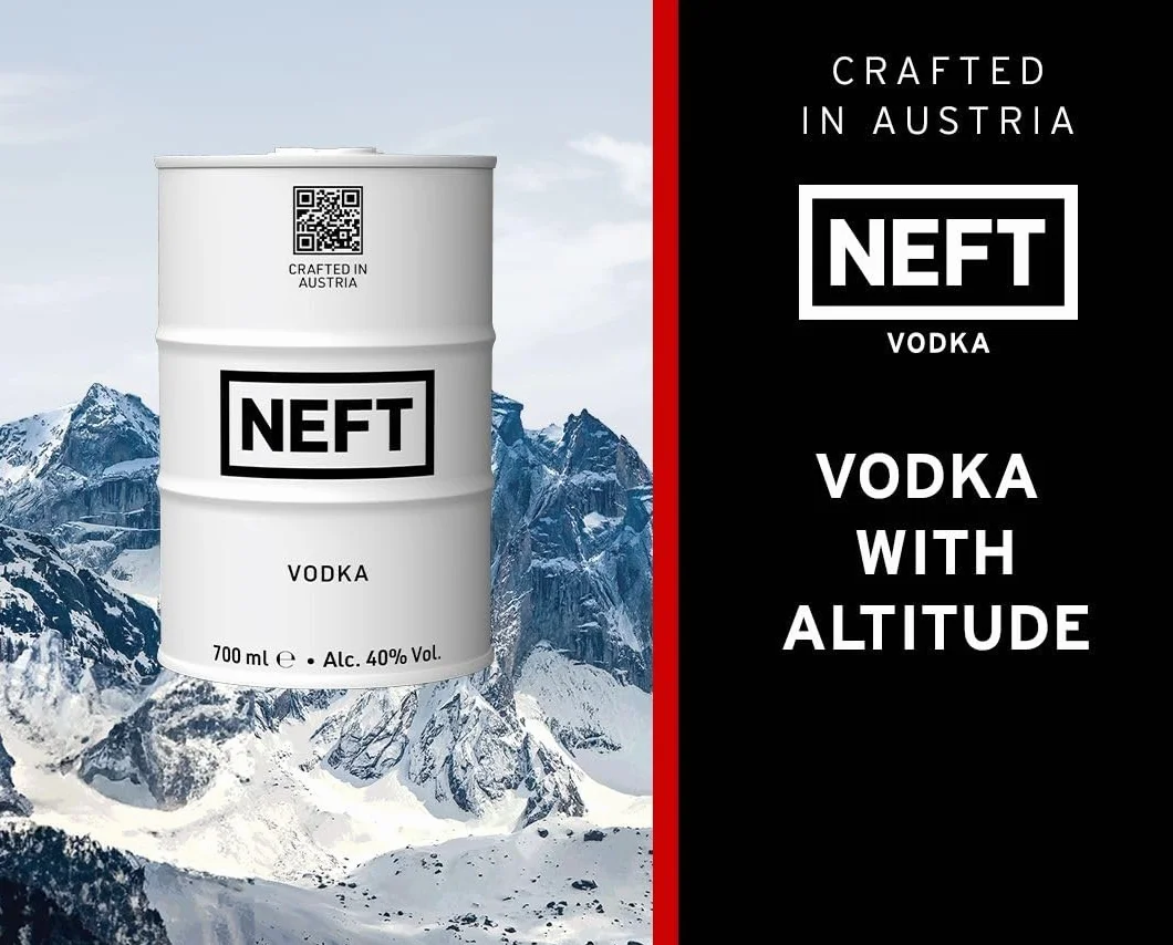 Neft Vodka White Barrel 70 cl – Vodka premium de Austria – 40 % vol. | Agua de manantial alpino y centeno | Suave, puro y elegante | Lata irrompible | Ideal solo o en cócteles