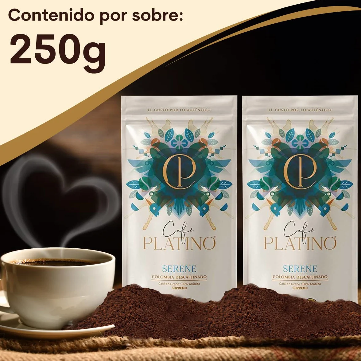 Café Platino Serene - Pack 2 sobres de 250g - Café Gourmet Molido Descafeinado de Colombia Supremo - 100% Arábica